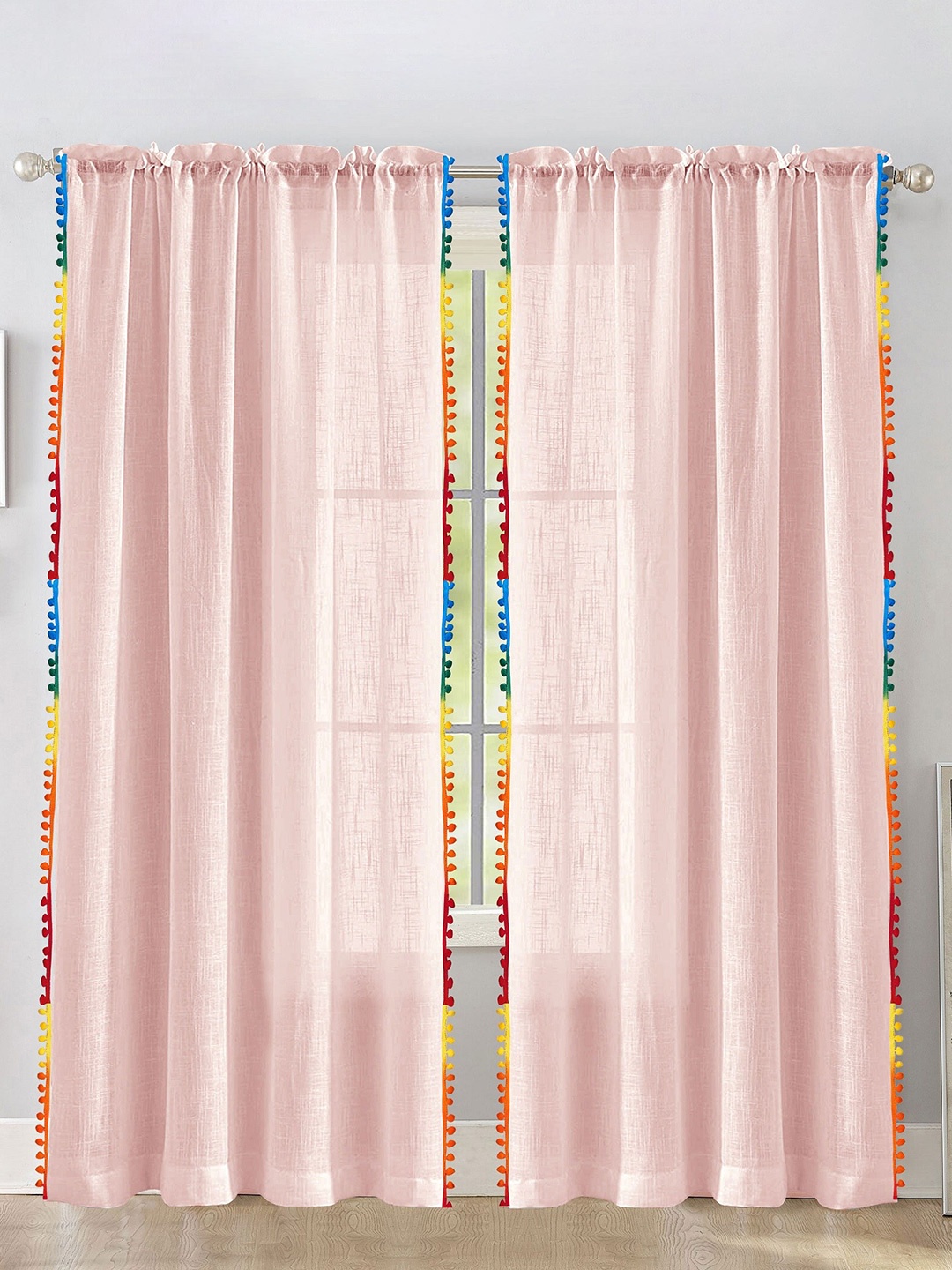 

HOMEMONDE 2 Pcs Pink Sheer Cotton Long Door Curtain