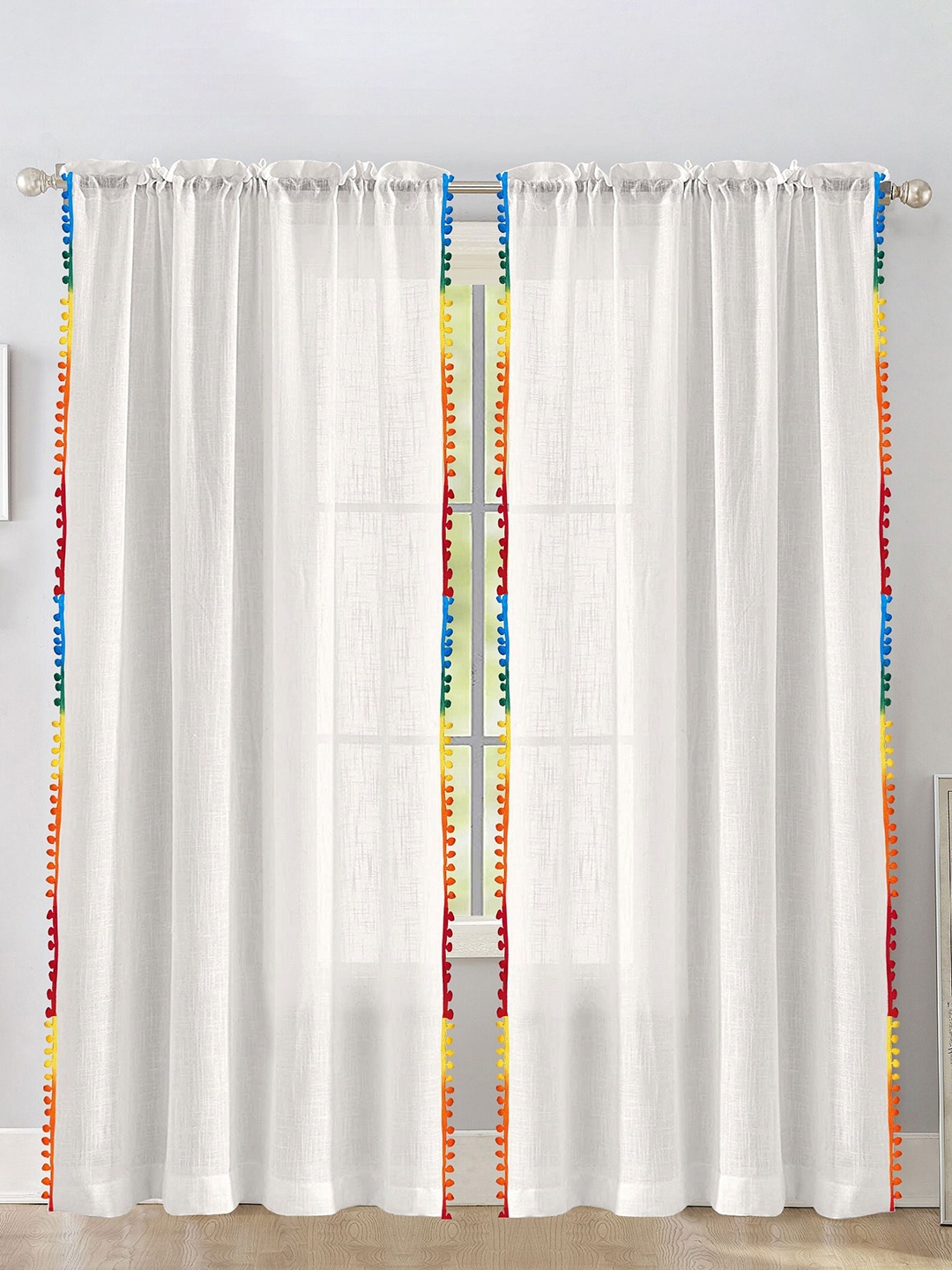 

HOMEMONDE White & Red 2 Pieces Sheer Cotton Long Door Curtains