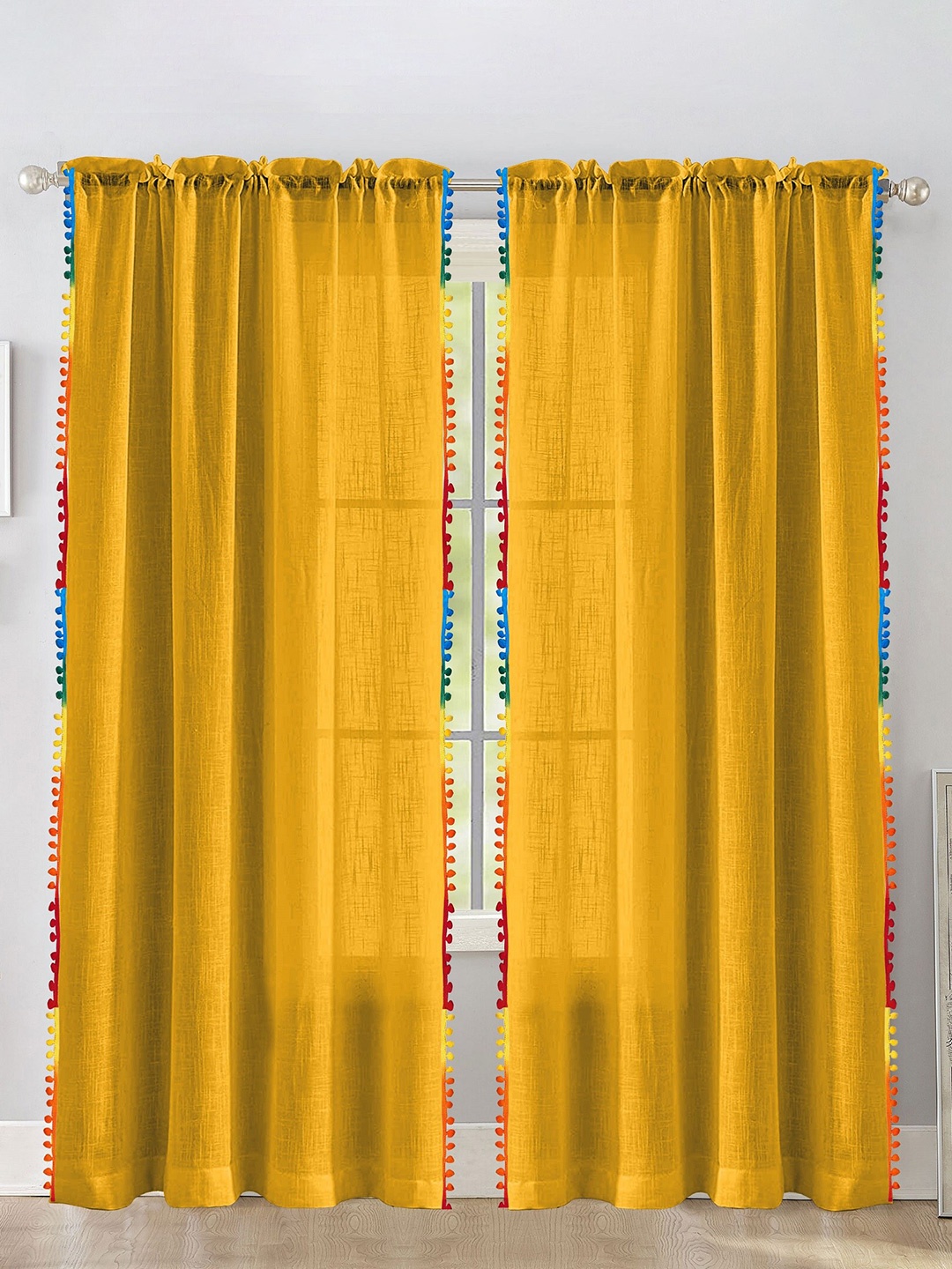 

HOMEMONDE Yellow & Blue 2 Pieces Cotton Pompom Border Sheer Long Door Curtains