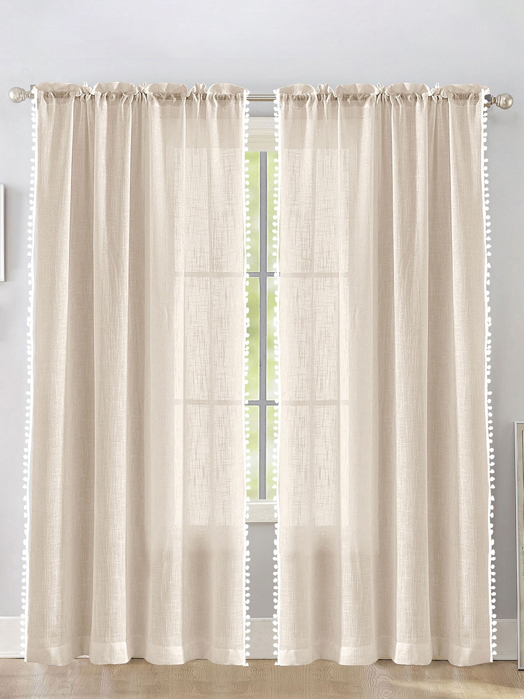 

HOMEMONDE 2 Pcs Beige & White Sheer Cotton Long Door Curtain