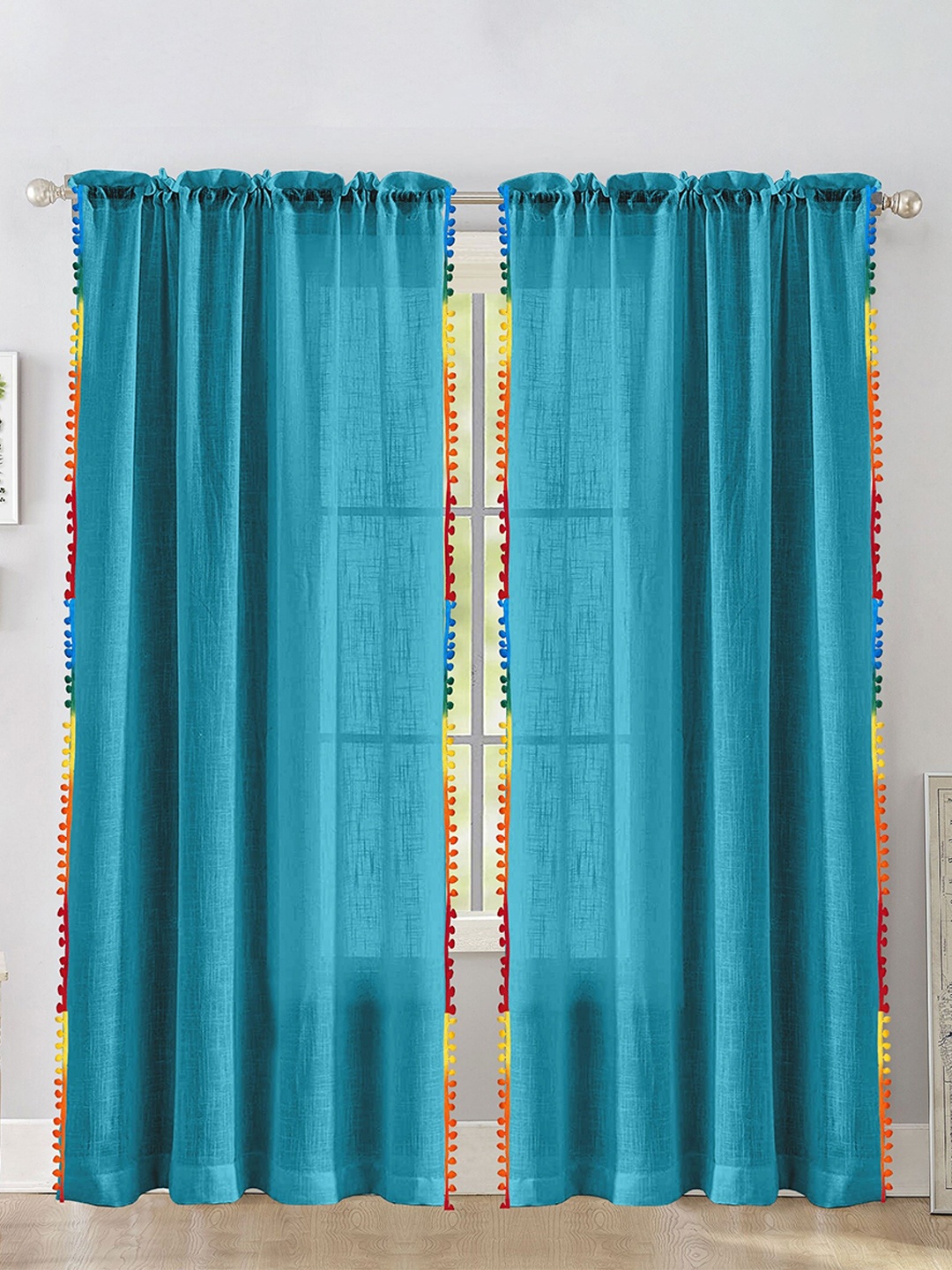 

HOMEMONDE Blue & Red 2 Pieces Cotton Pompom Border Sheer Door Curtains
