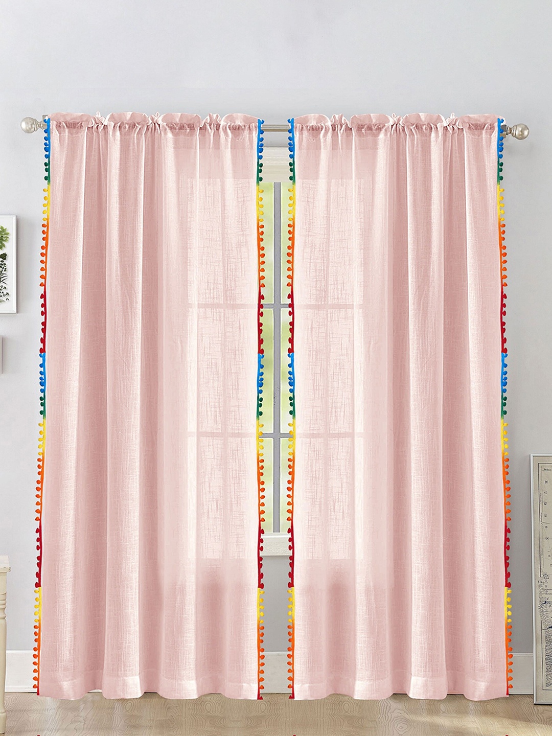 

HOMEMONDE Pink & Green 2 Pieces Cotton Sheer Door Curtains