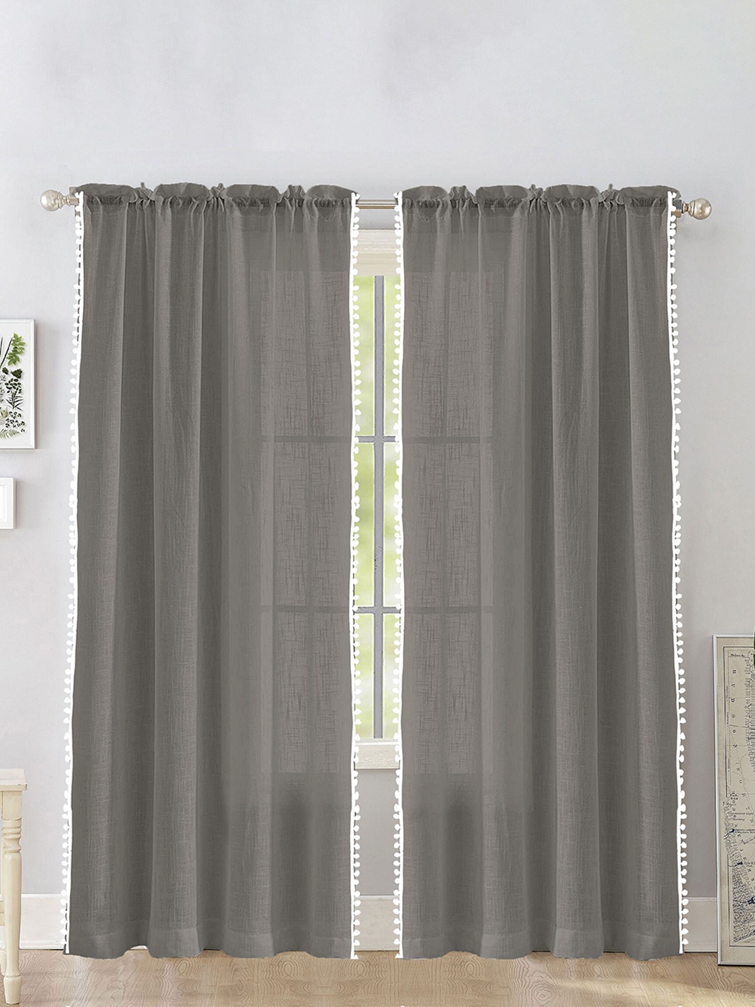 

HOMEMONDE 2 Pcs Grey & White Sheer Cotton Window Curtain