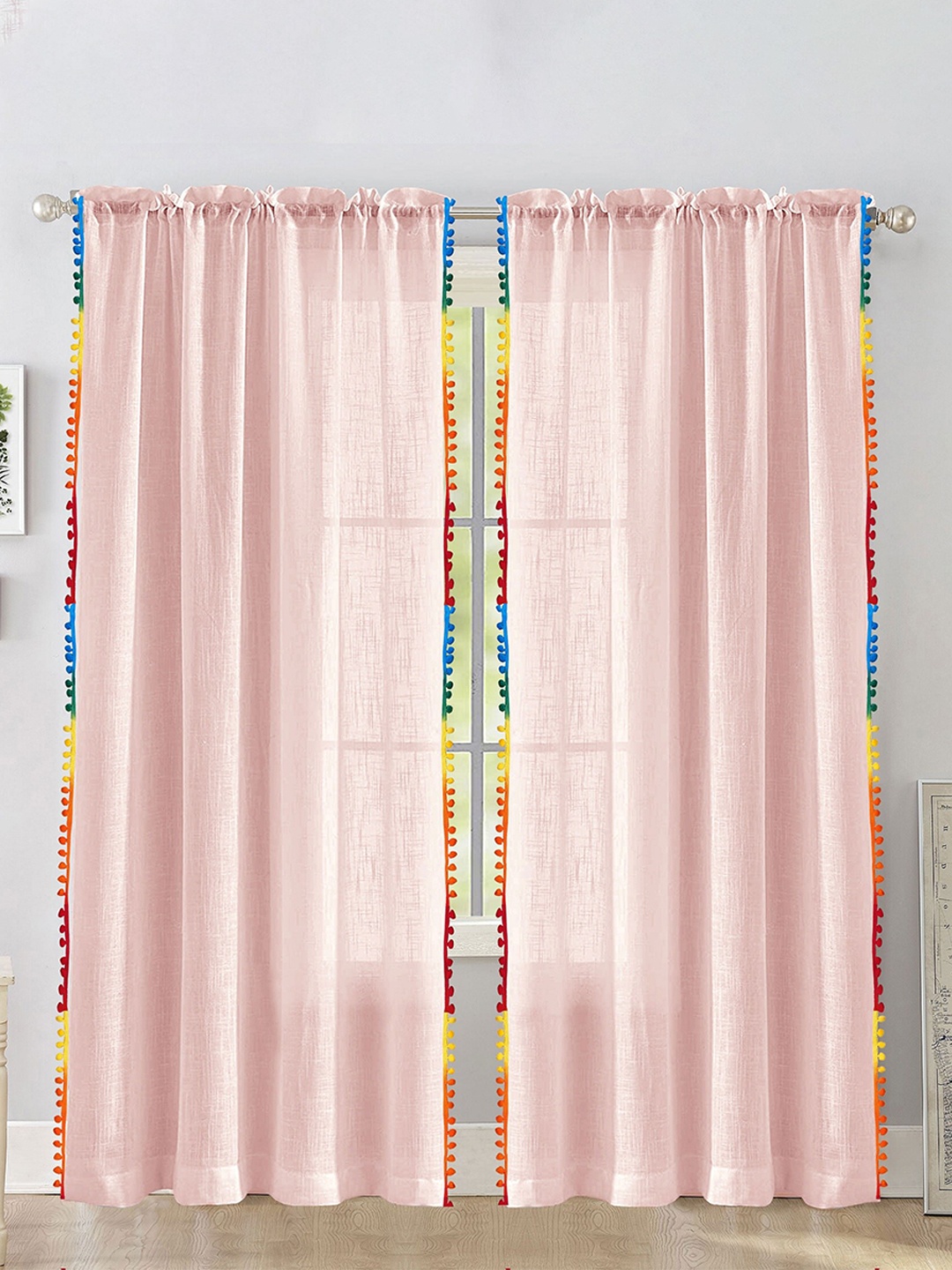 

HOMEMONDE 2 Pcs Pink & Yellow Sheer Cotton Long Door Curtain