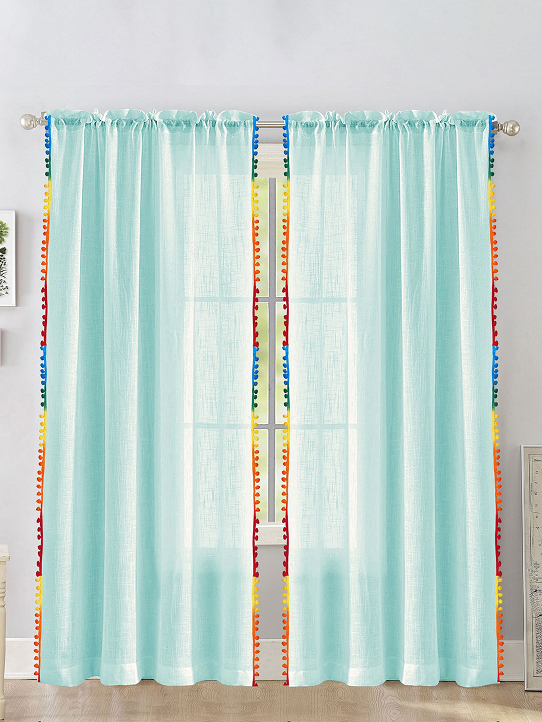

HOMEMONDE 2 Pcs Blue Sheer Cotton Long Door Curtain