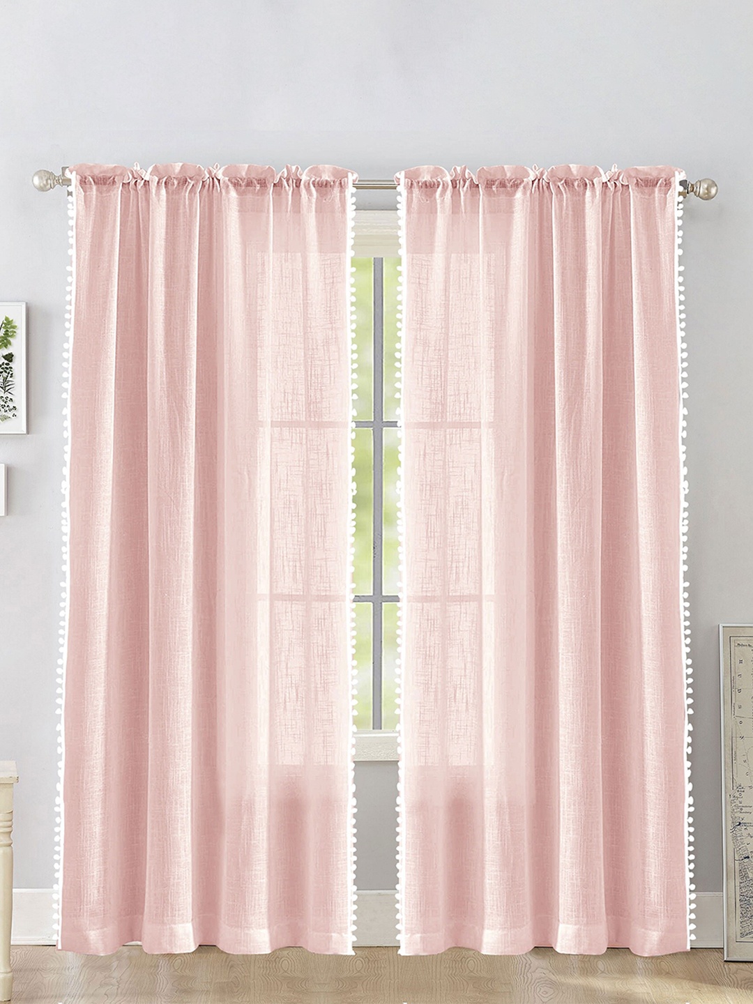 

HOMEMONDE 2 Pcs Pink & White Sheer Cotton Door Curtain