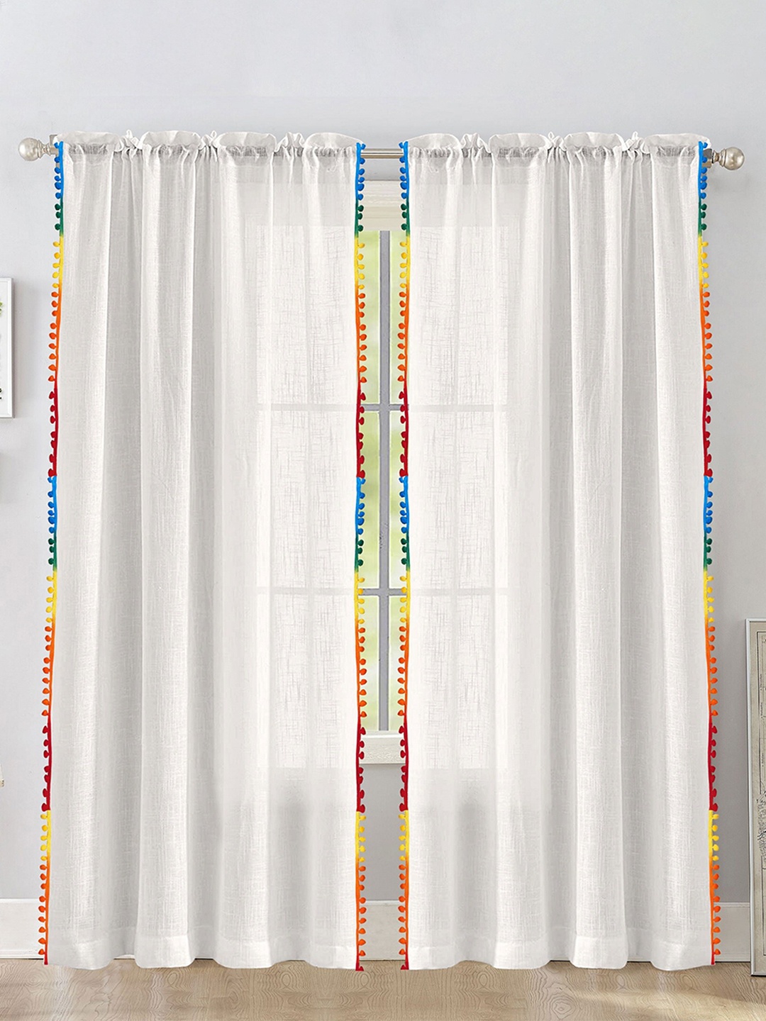 

HOMEMONDE White & Red 2 Pieces Sheer Cotton Window Curtains
