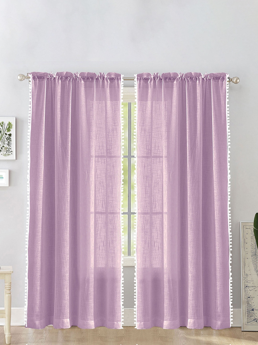 

HOMEMONDE Purple & White 2 Pieces Cotton Pompom Border Sheer Door Curtains