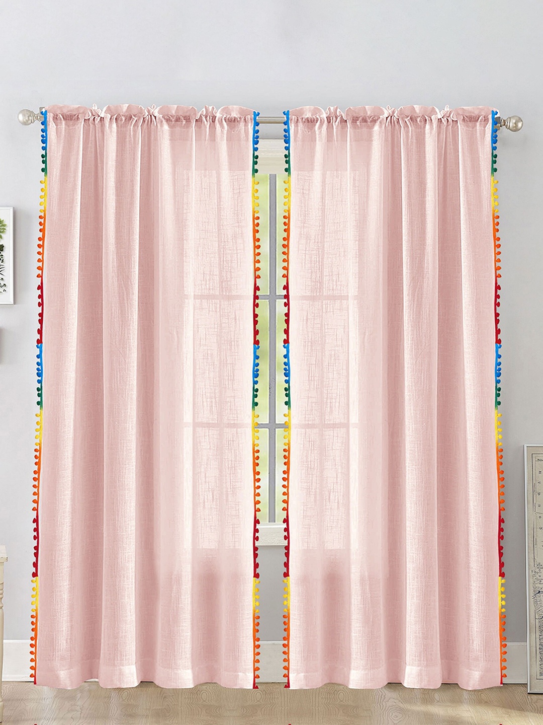 

HOMEMONDE Pink & Blue 2 Pieces Cotton Sheer Window Curtains