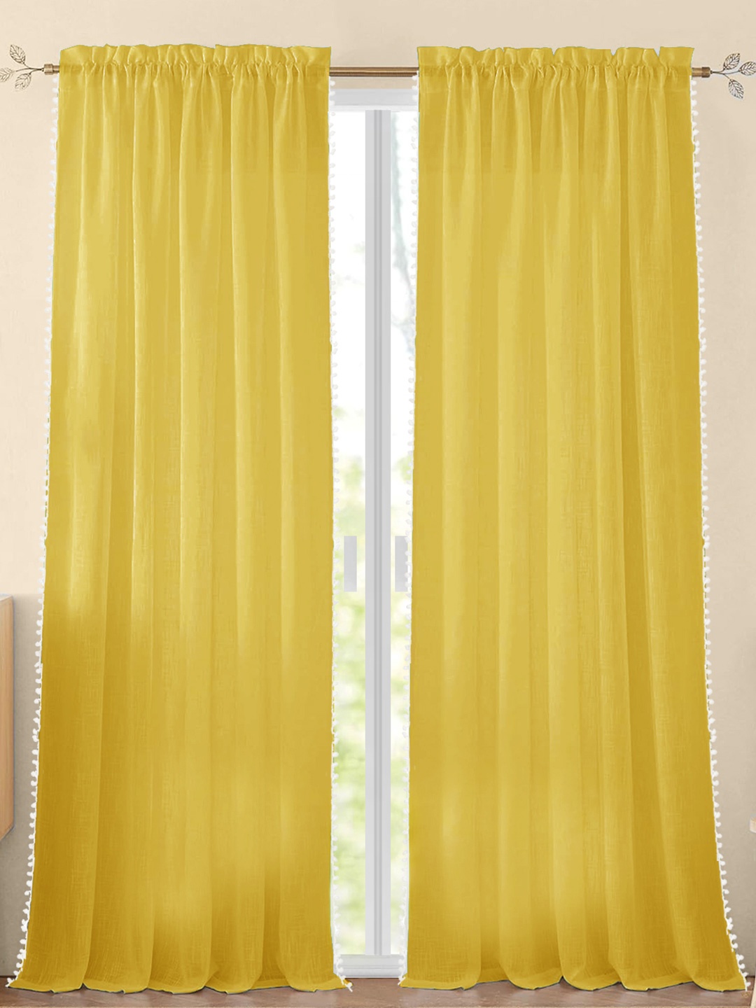 

HOMEMONDE Yellow & White 2 Pieces Cotton Pompom Border Sheer Long Door Curtains