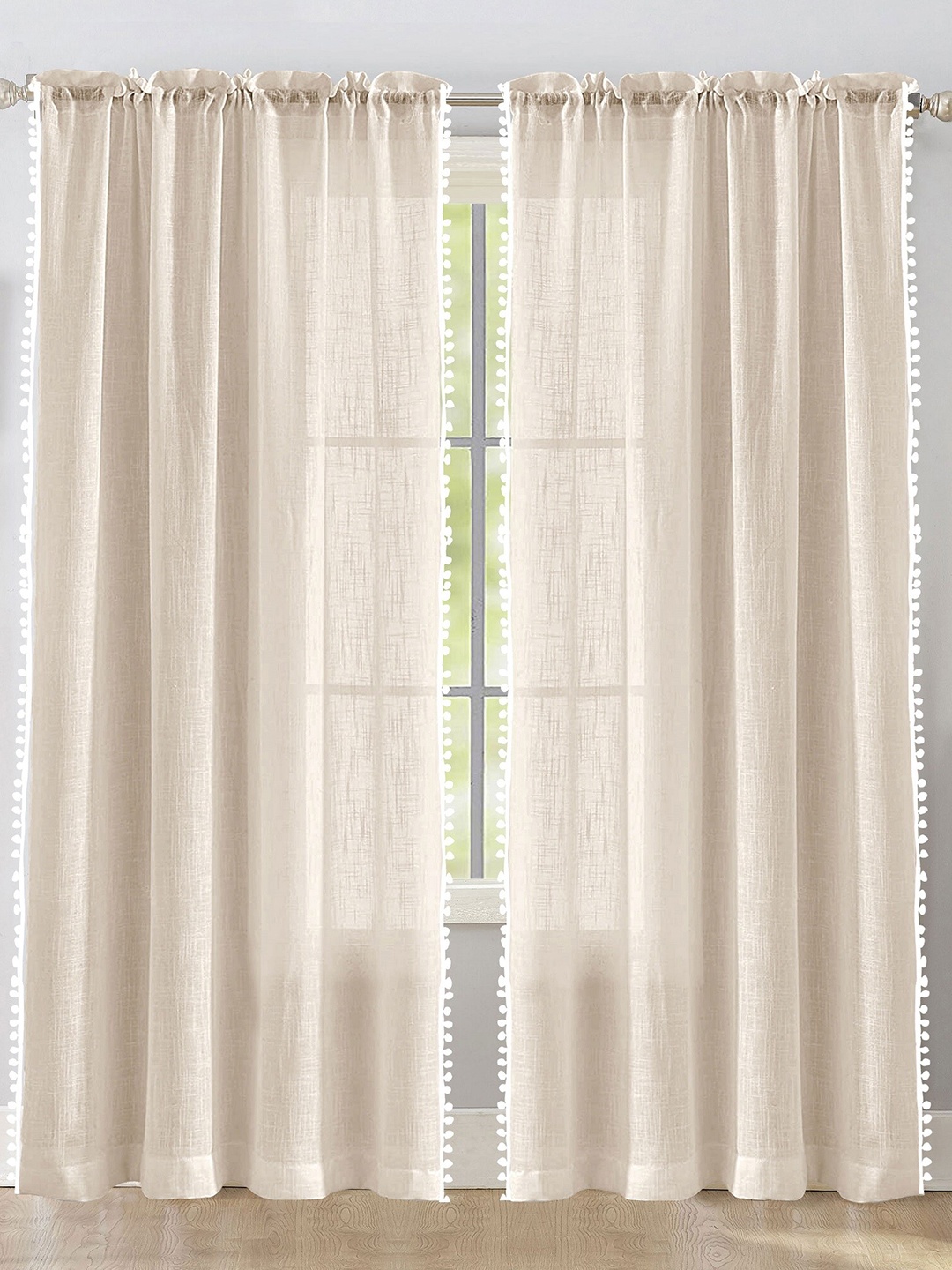 

HOMEMONDE Beige & White 2-Pieces Sheer Window Curtains