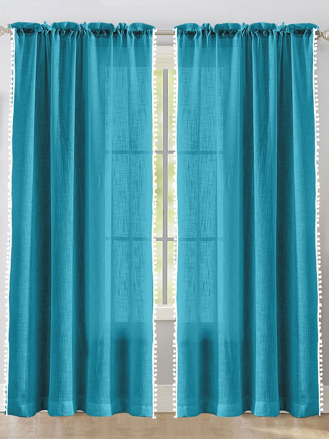 

HOMEMONDE Blue & White 2 Pieces Sheer Cotton Long Door Curtains