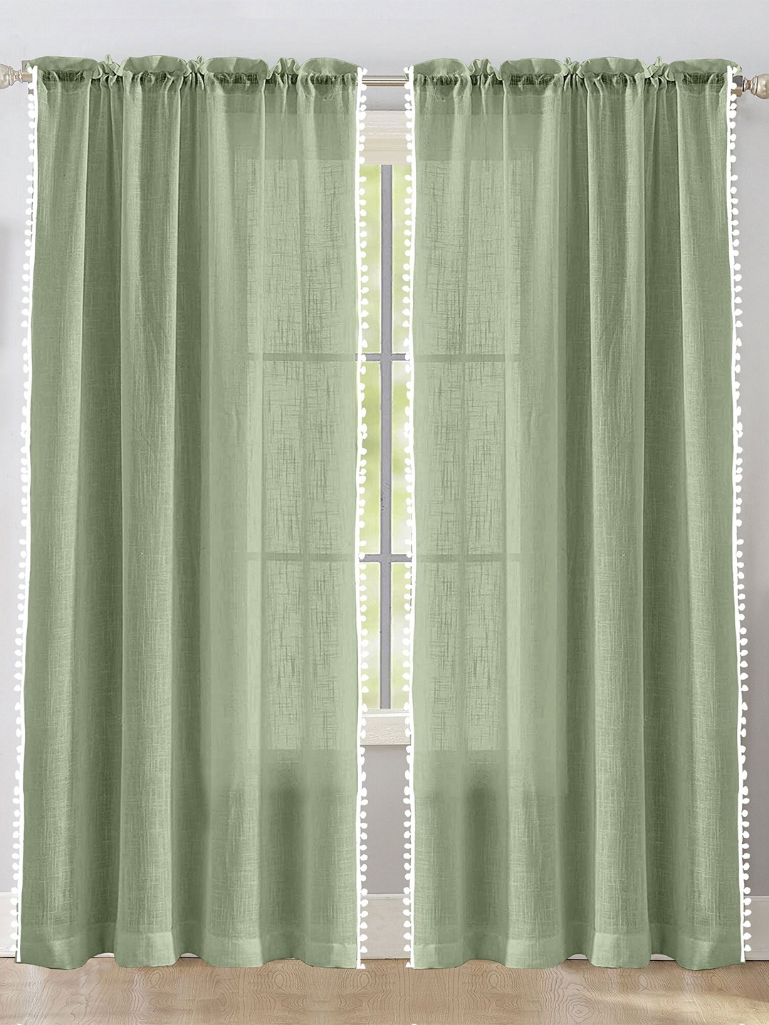 

HOMEMONDE Green & White 2 Pieces Cotton Sheer Long Door Curtains