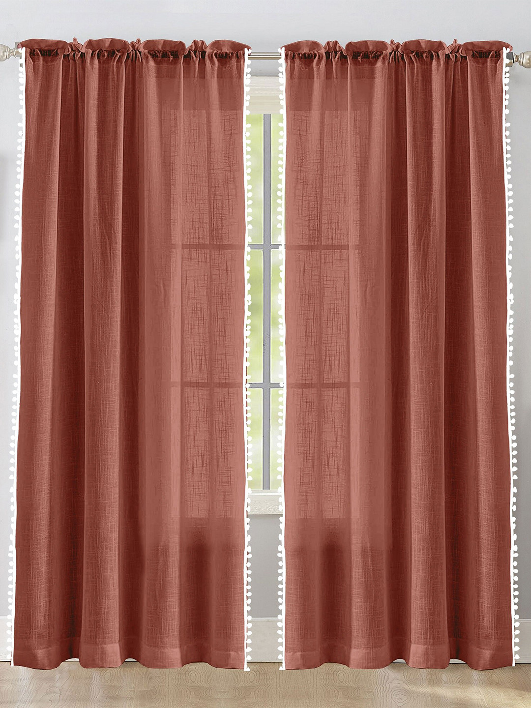 

HOMEMONDE Maroon & White 2 Pieces Pompom Border Cotton Sheer Window Curtains