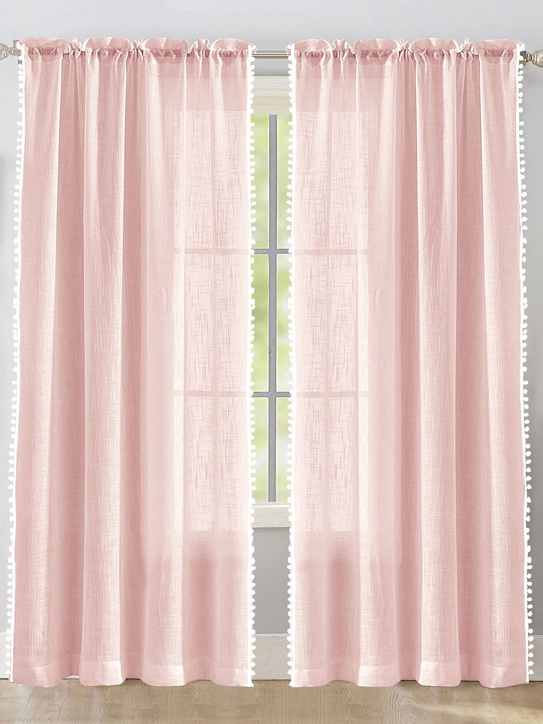 

HOMEMONDE 2 Pcs Pink & White Sheer Cotton Long Door Curtain