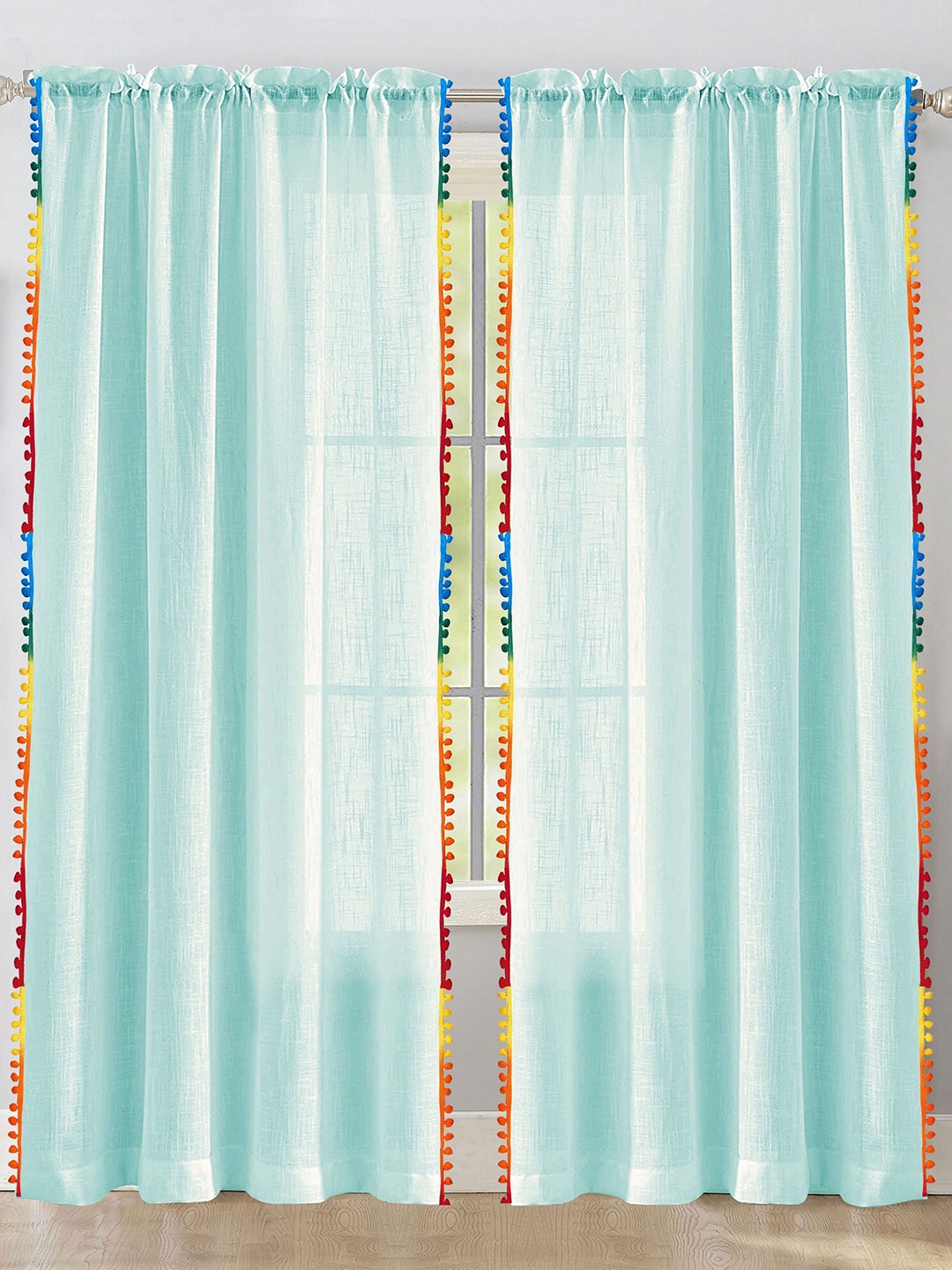 

HOMEMONDE Teal & Red 2-Pieces Sheer Door Curtains