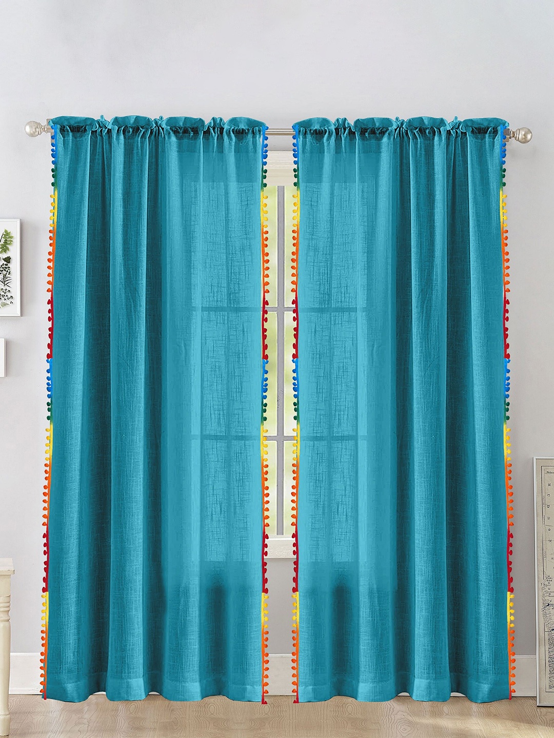 

HOMEMONDE Blue & Yellow 2 Pieces Cotton Pompom Border Sheer Long Door Curtains