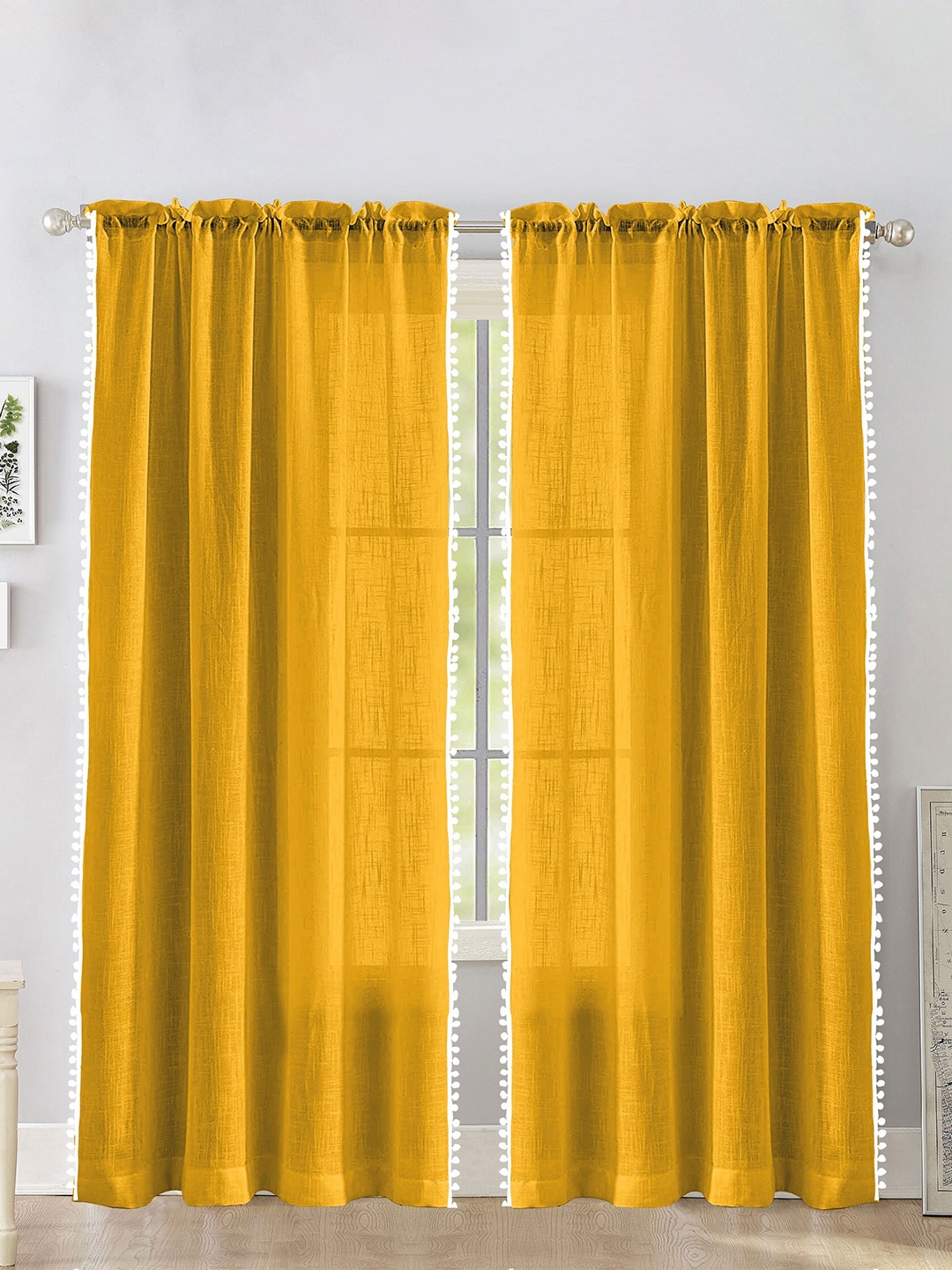 

HOMEMONDE Yellow & White 2 Pieces Sheer Door Curtains