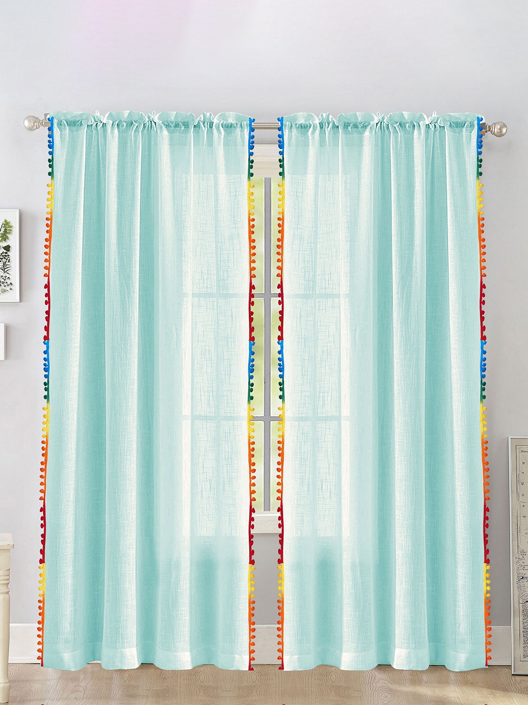 

HOMEMONDE Teal & Blue 2 Pieces Sheer Cotton Window Curtains