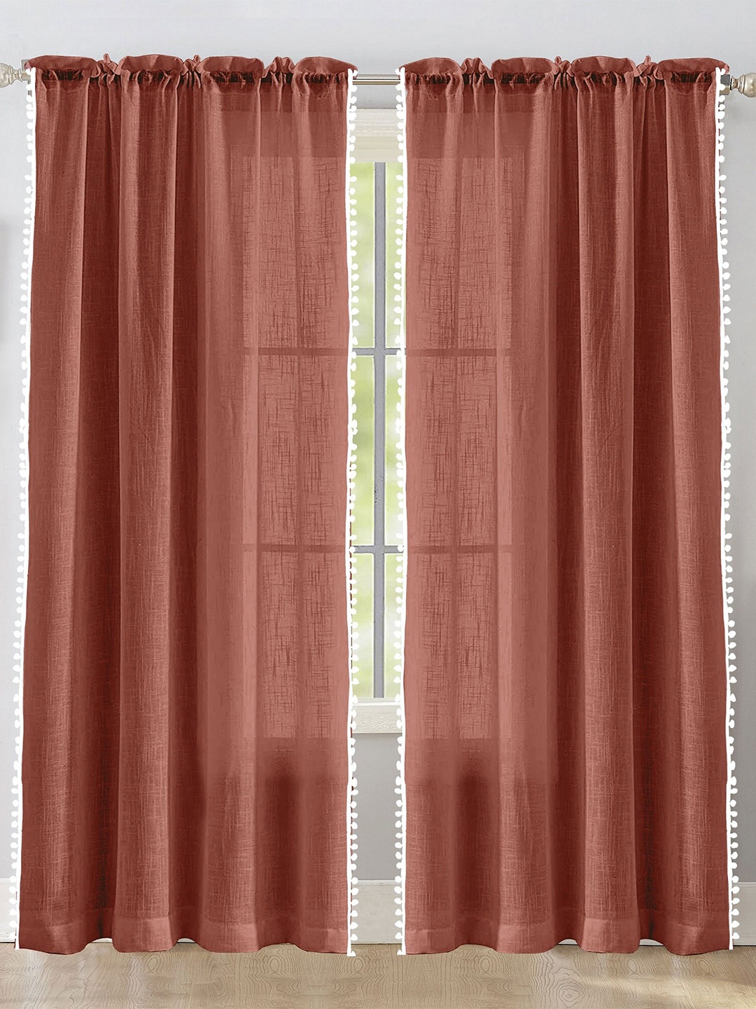 

HOMEMONDE Maroon & White 2 Pieces Cotton Pompom Border Sheer Long Door Curtains