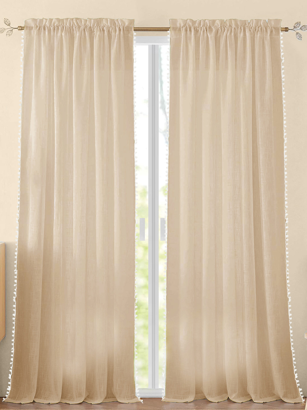 

HOMEMONDE Beige & White 2 Pieces Cotton Sheer Door Curtains