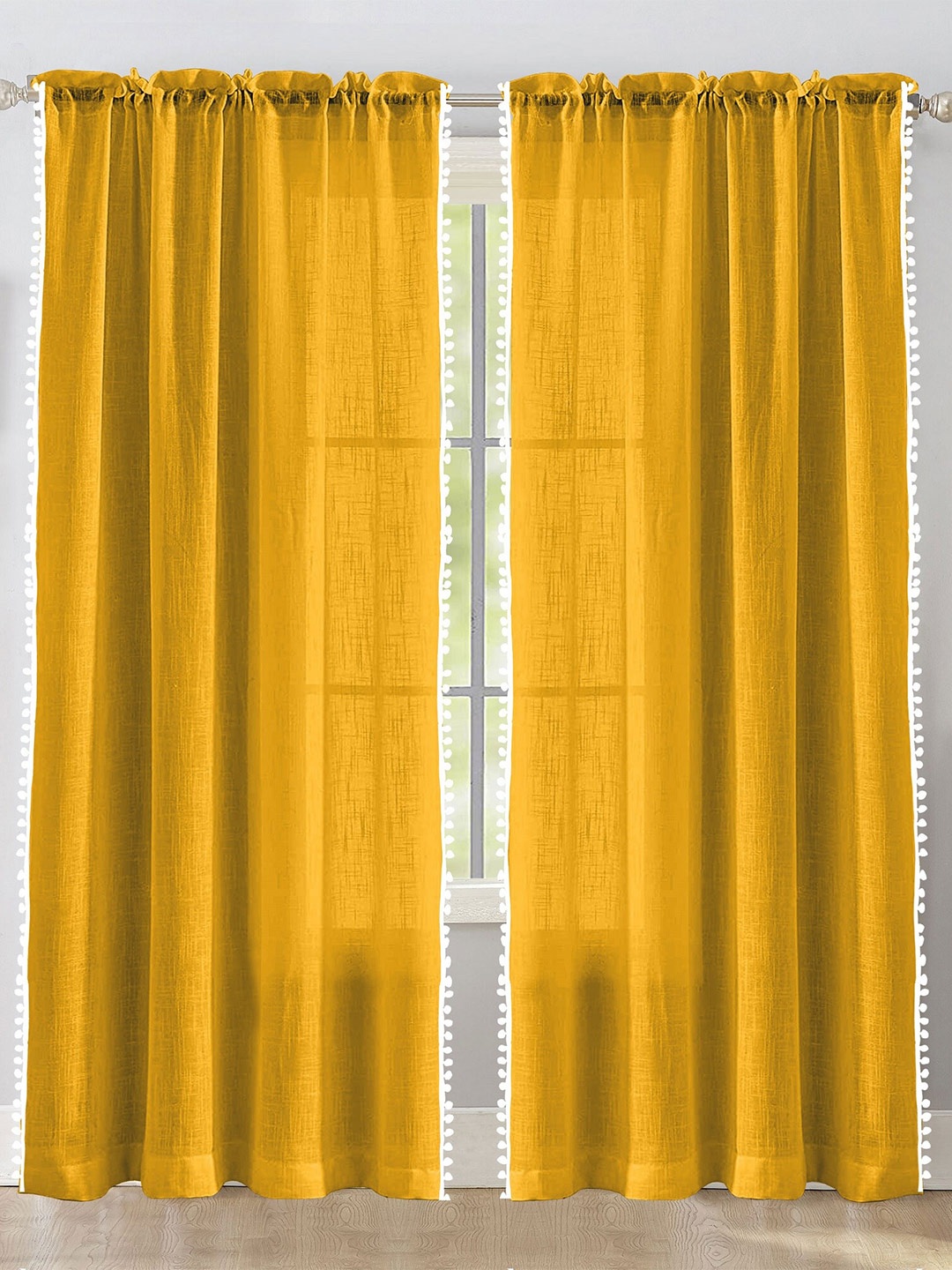 

HOMEMONDE Yellow & White 2-Pieces Sheer Long Door Curtains