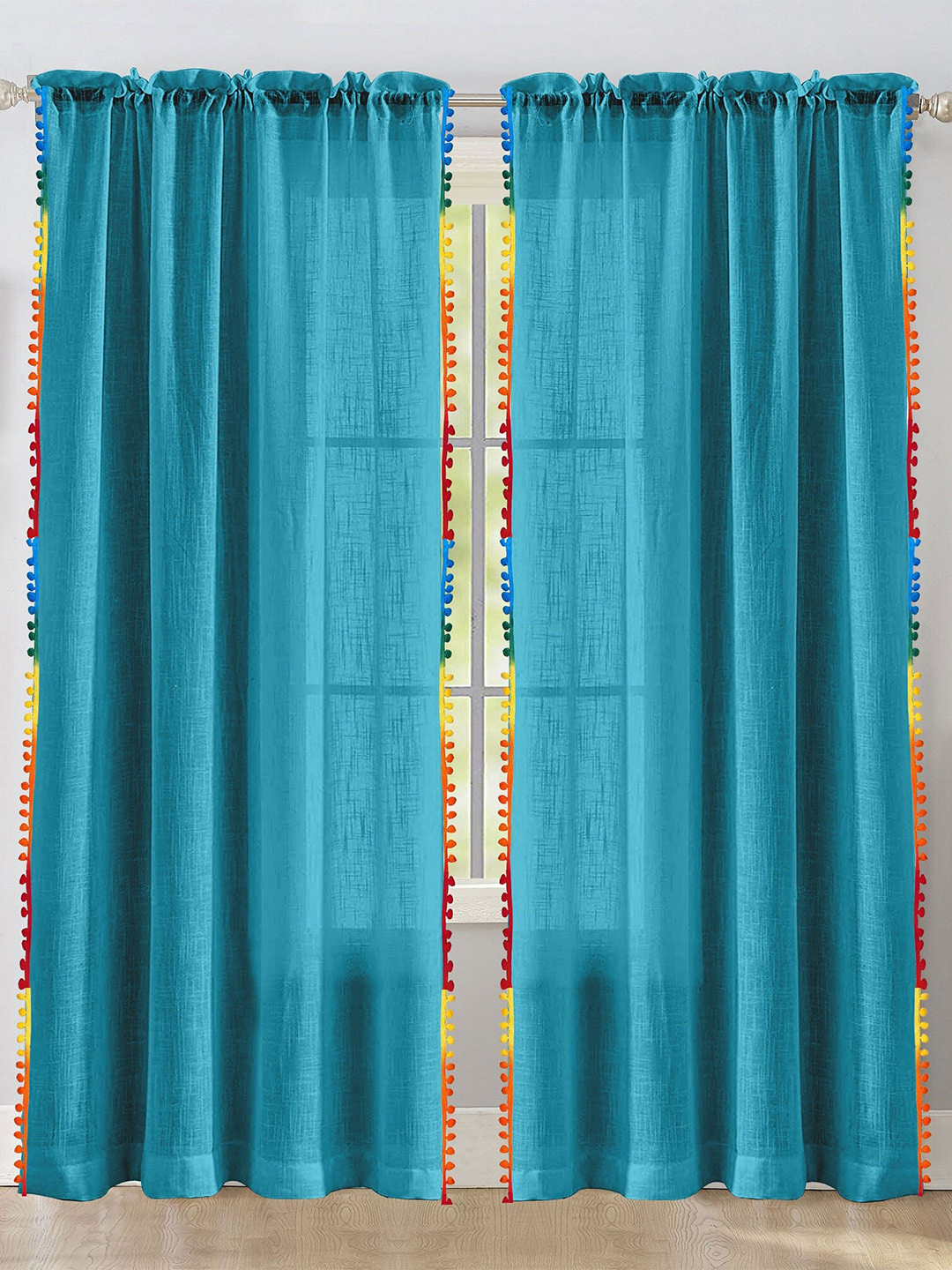 

HOMEMONDE Blue & Yellow 2 Pieces Cotton Pompom Border Sheer Long Door Curtains