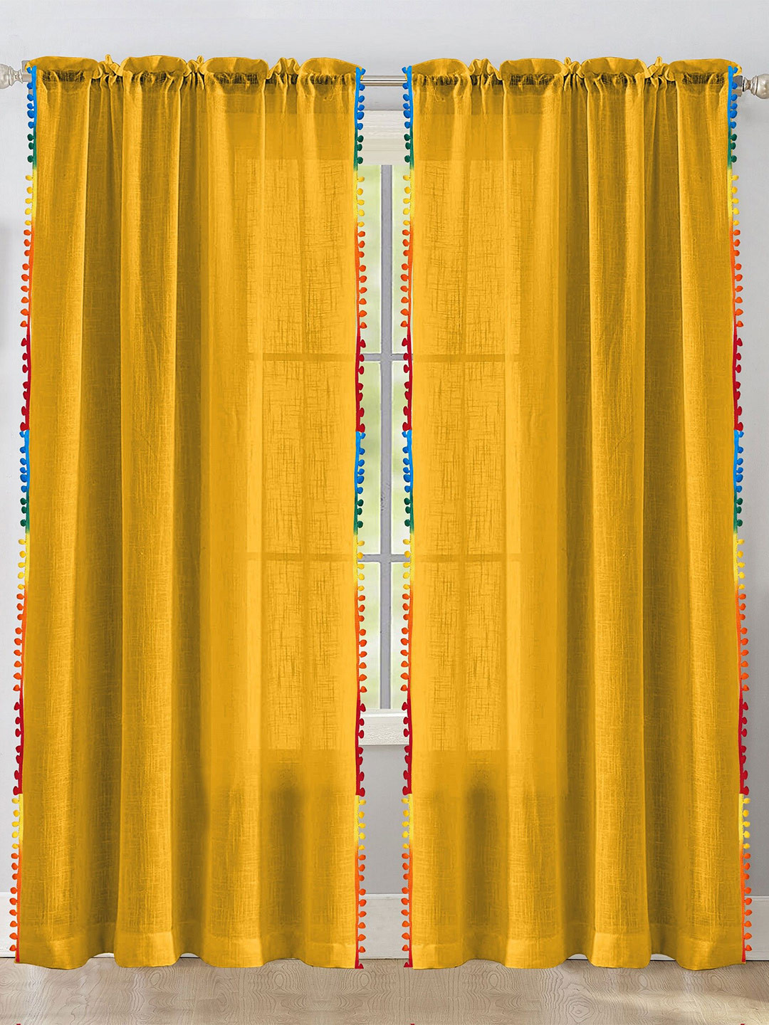 

HOMEMONDE Yellow & Red 2 Pieces Sheer Cotton Long Door Curtains
