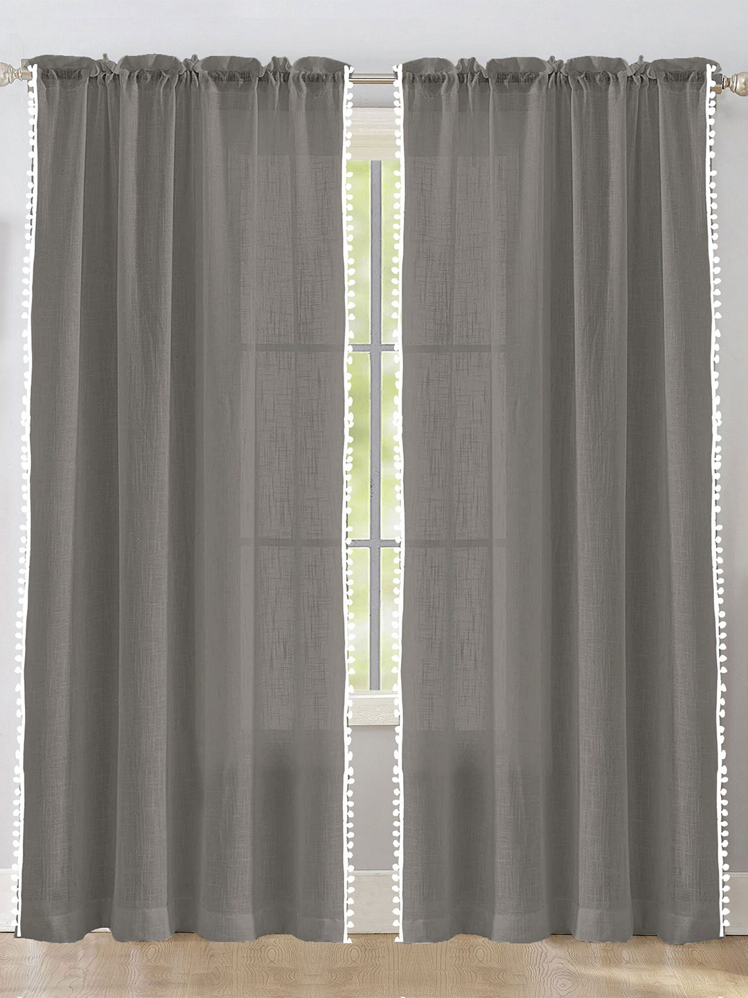 

HOMEMONDE Grey & White 2 Pieces Cotton Pompom Border Sheer Long Door Curtains