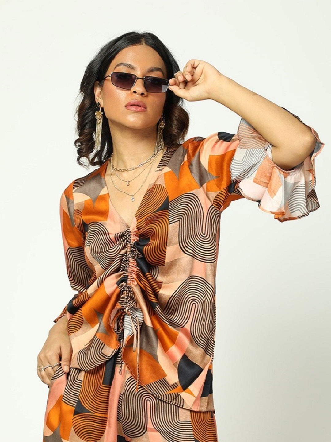 

MISSY Abstract Printed Satin Bell Sleeve Top, Brown