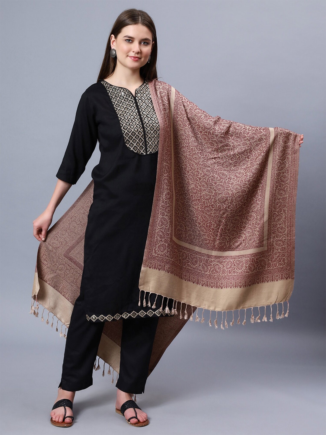 

Aditi Wasan Floral Woven Design Shawl, Brown