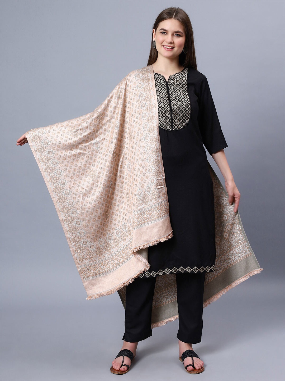 

Aditi Wasan Floral Woven Design Jacquard Pattern Shawl, Beige