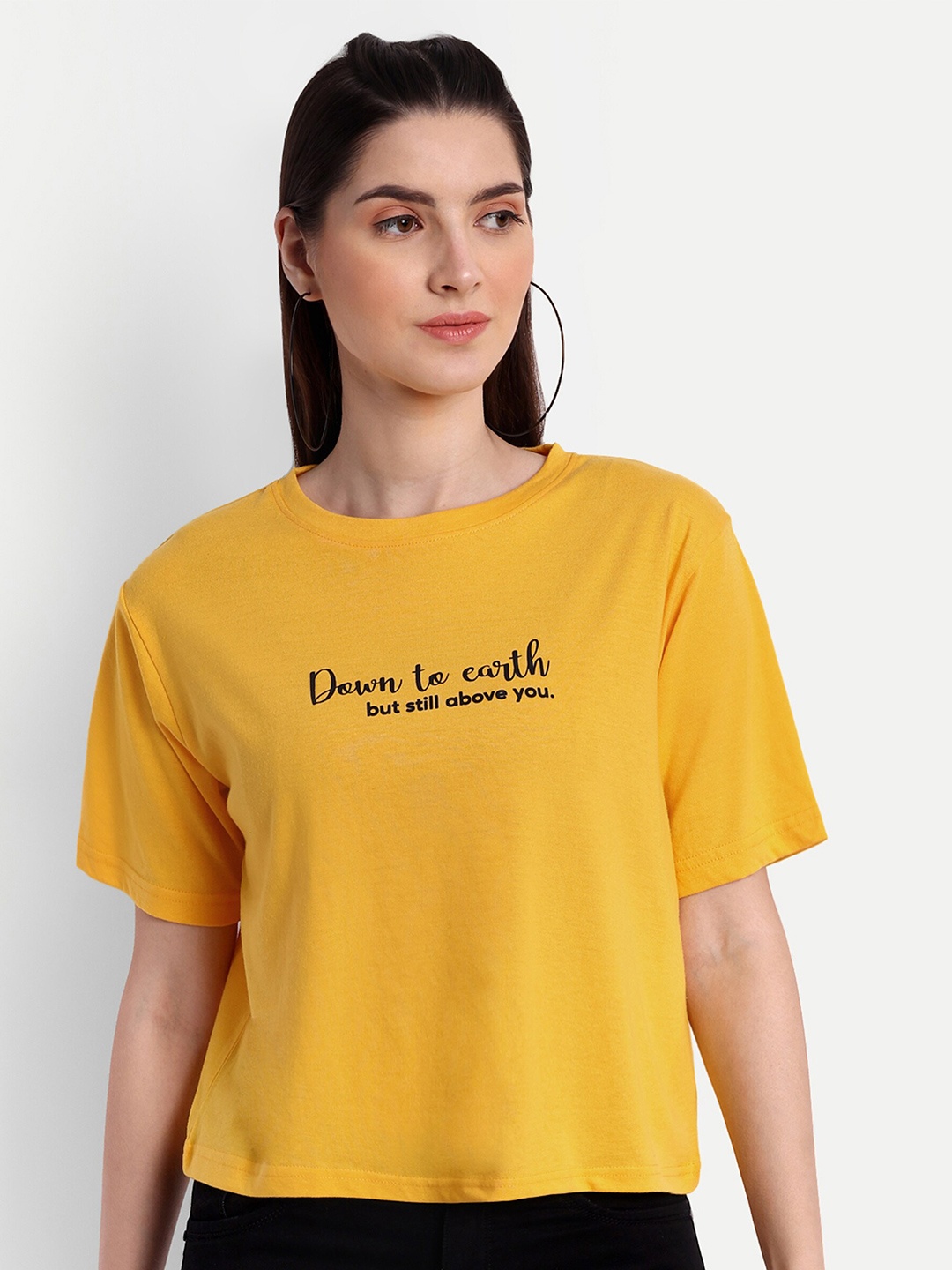 

VISO Typography Printed Round Neck Cotton Oversized T-shirt, Yellow