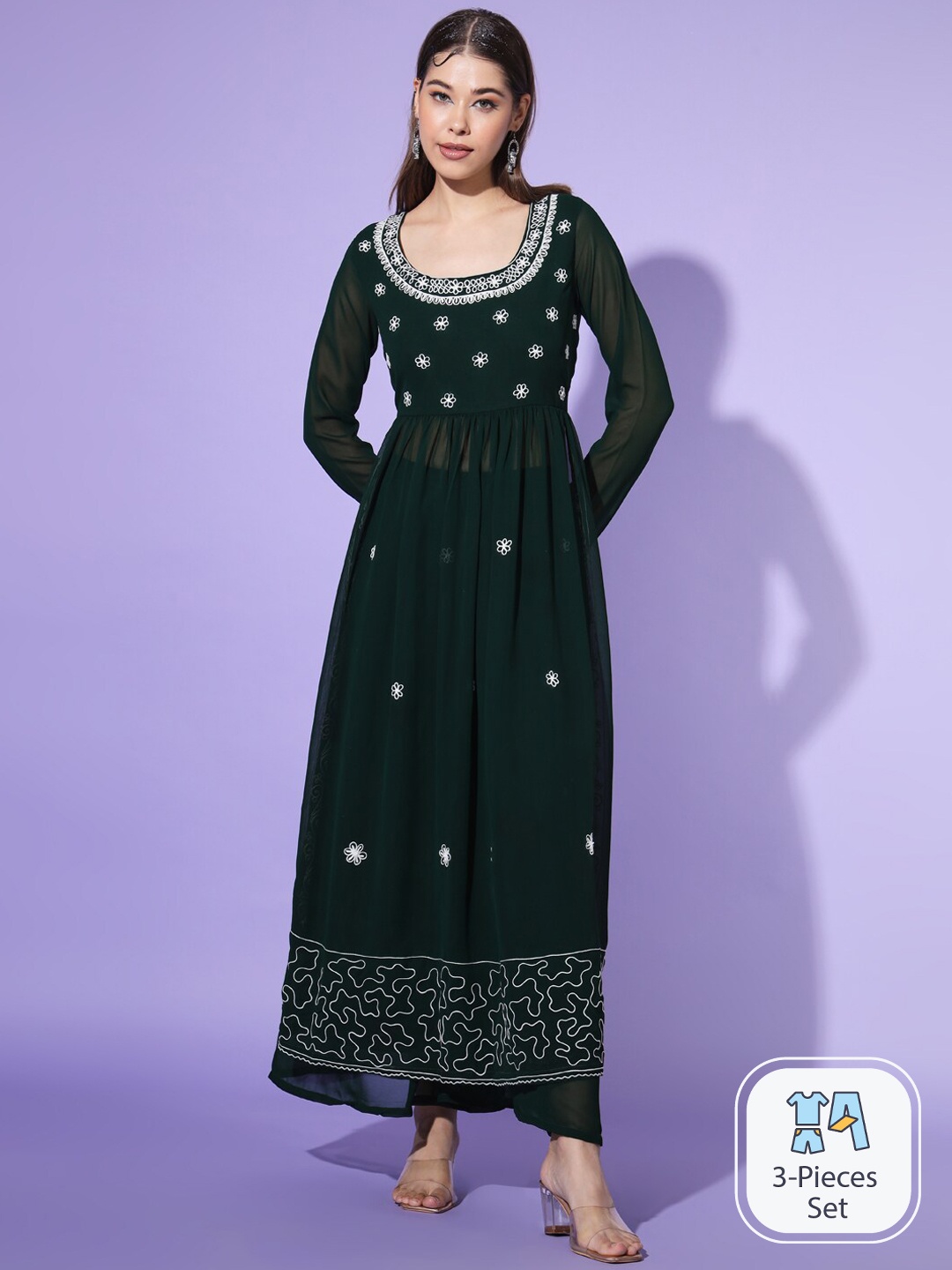 Poshak Hub Floral Embroidered A-Line Pleated High Slit Thread Work Kurta Set, Green