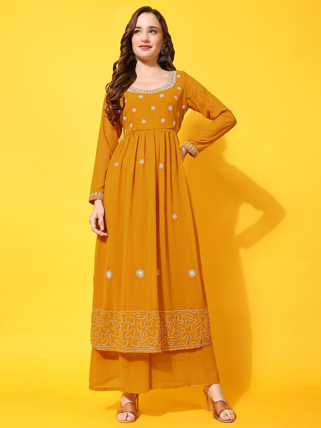 

Poshak Hub Floral Embroidered High Slit Kurta with Palazzos, Yellow