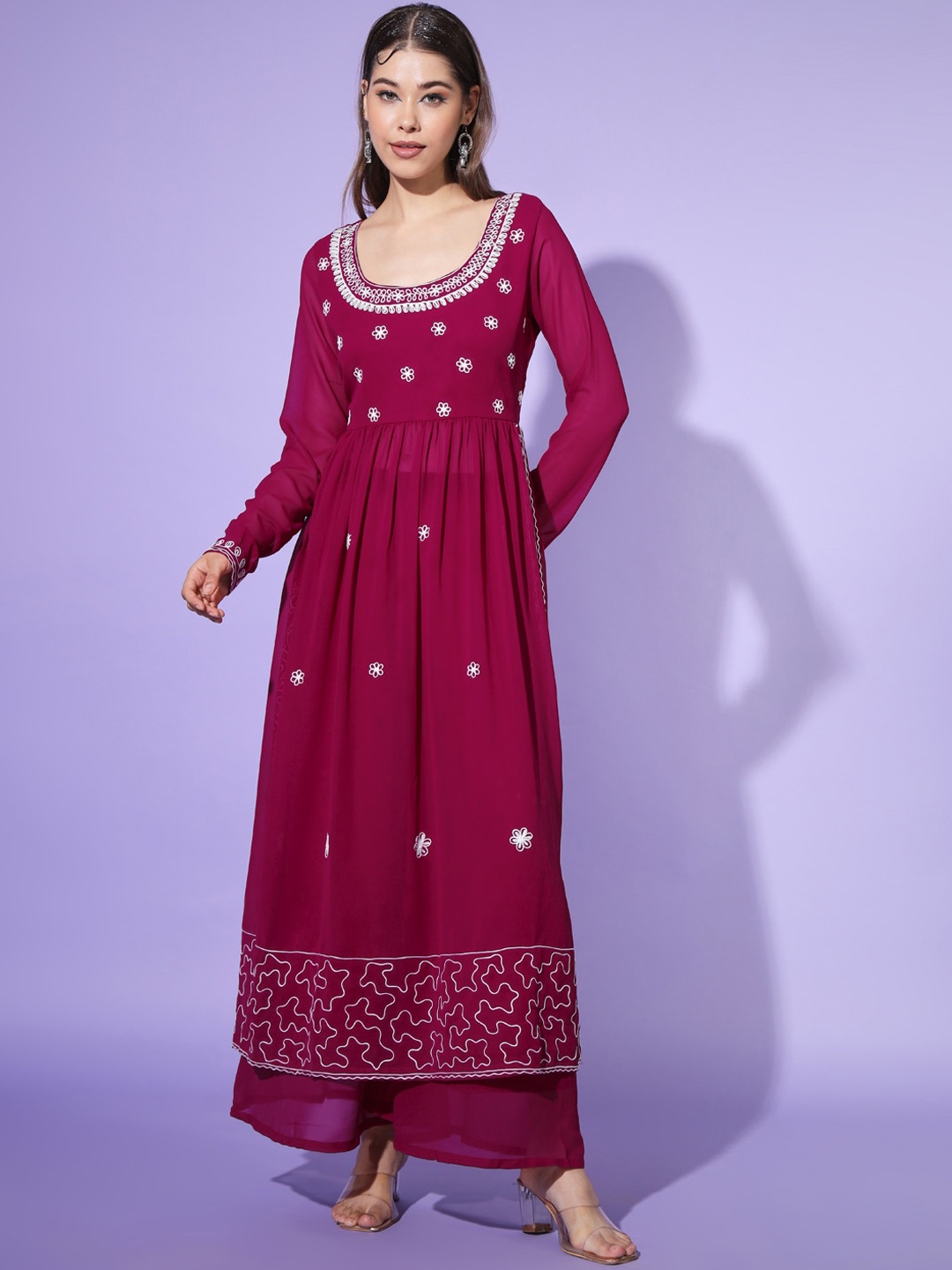 

Poshak Hub Floral Embroidered High Slit A-Line Kurta with Palazzos, Pink