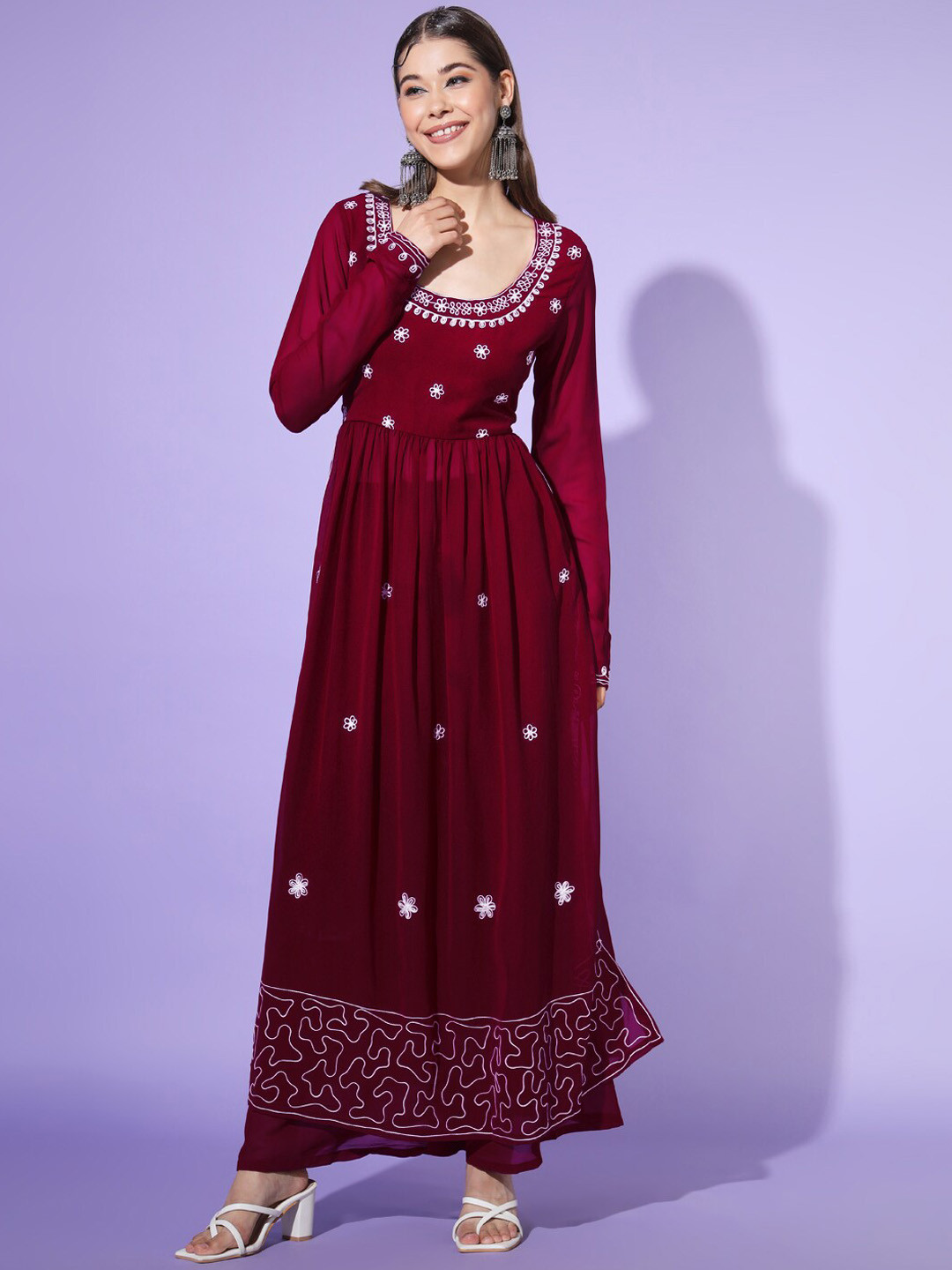 

Poshak Hub Floral Embroidered High Slit Kurta with Palazzos, Maroon