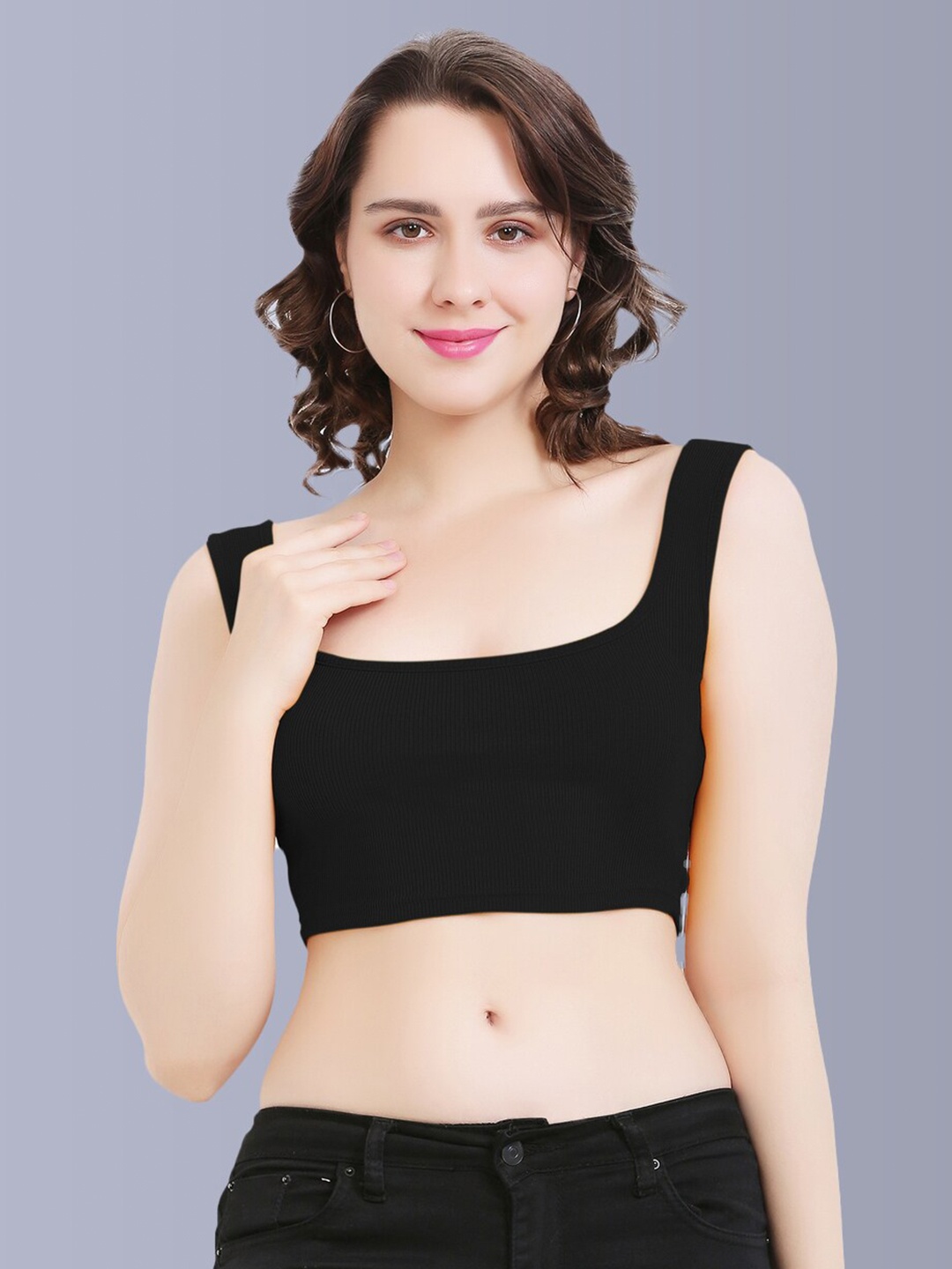 

Fasha Square Neck Fitted Crop Top, Black