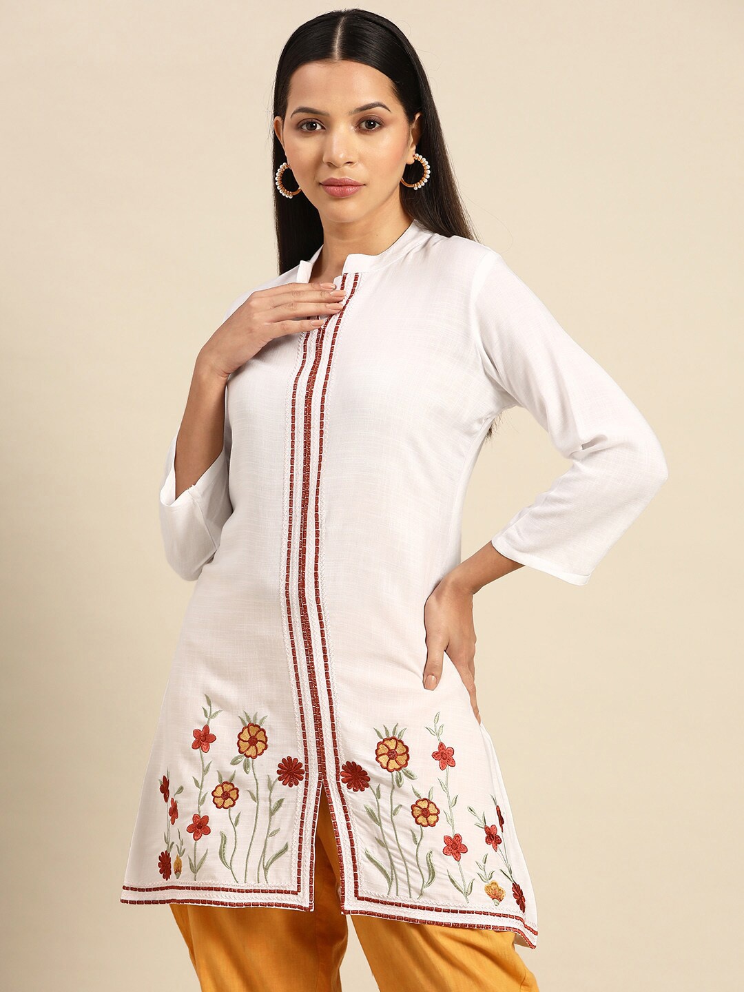 

INDYES Floral Embroidered Thread Work Kurti, White