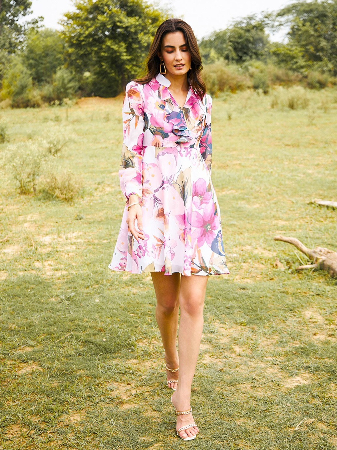 

MABISH by Sonal Jain Floral Printed Ruffles Georgette Fit & Flare Mini Dress, White
