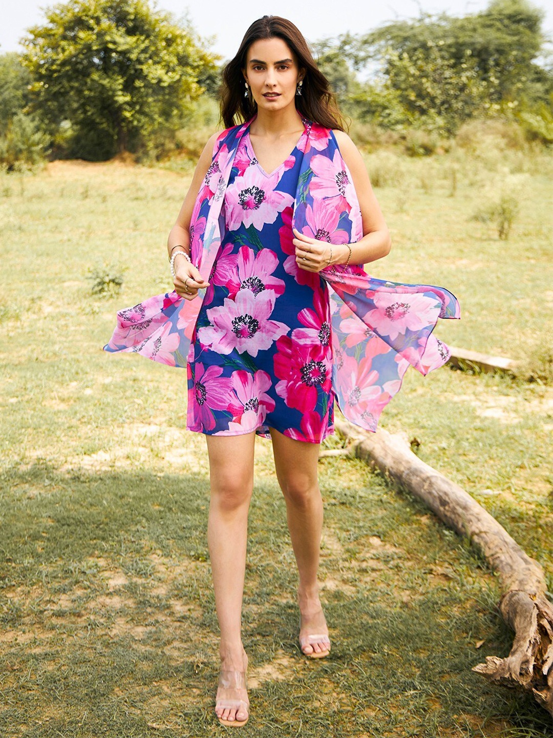 

MABISH by Sonal Jain Floral Printed Georgette A-Line Mini Dress With Draped Shrug, Blue