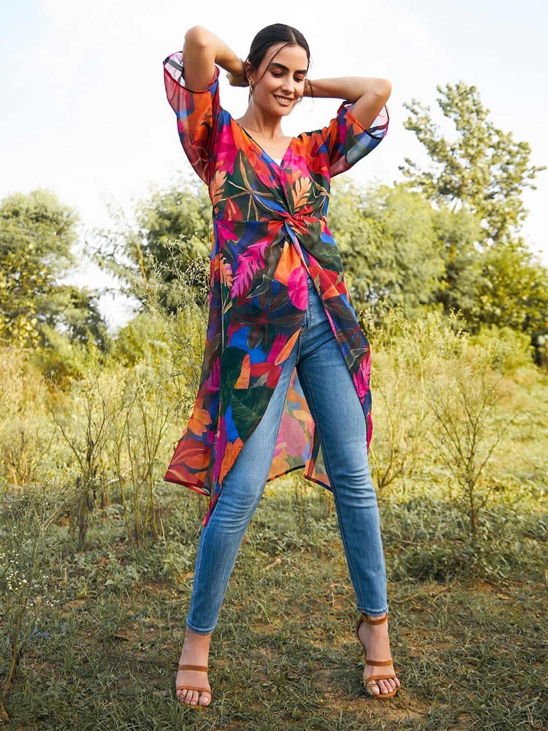 

MABISH by Sonal Jain Floral Printed Georgette Longline Top, Green