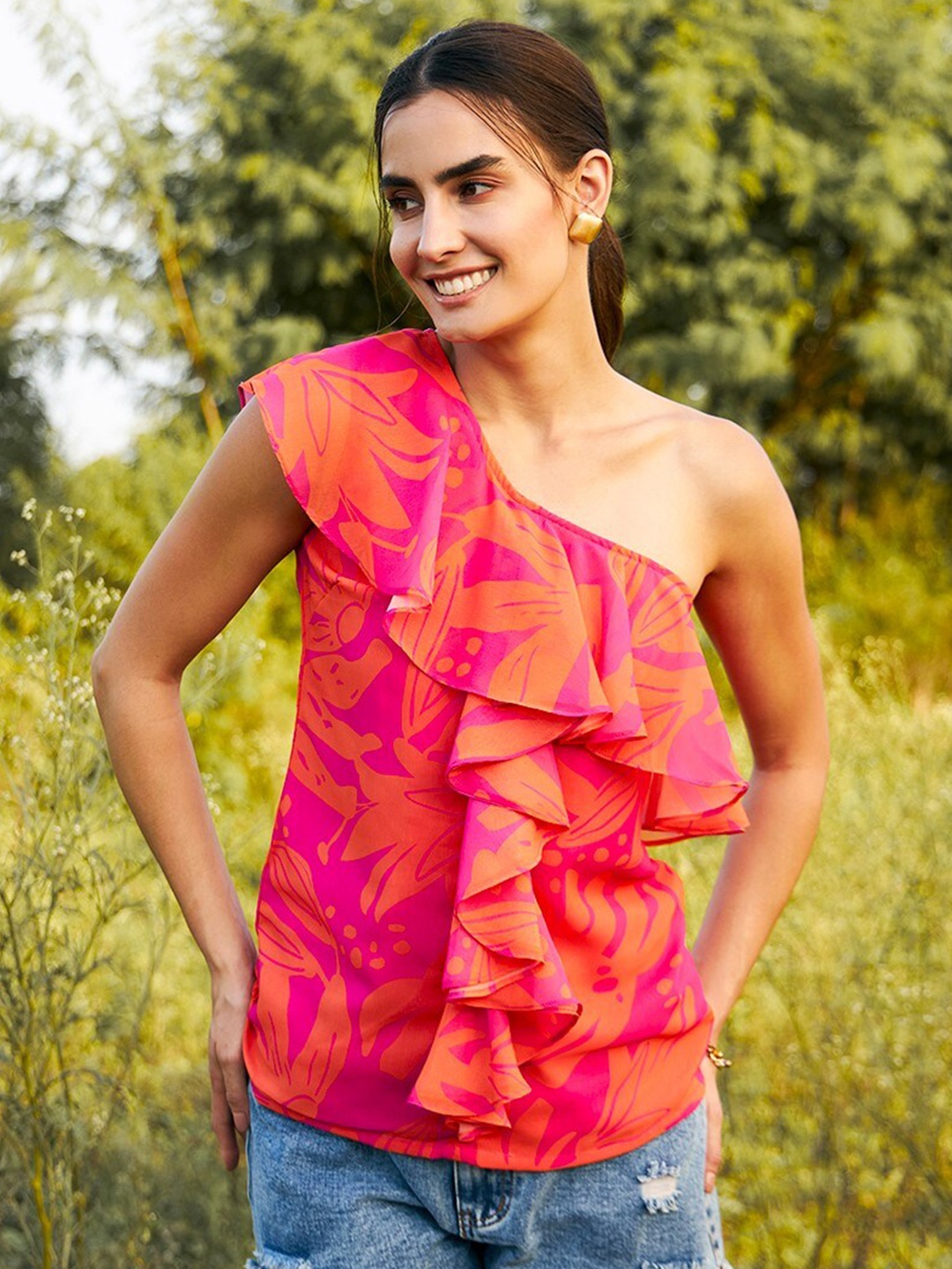 

MABISH by Sonal Jain Floral Printed Georgette One Shoulder Top, Pink