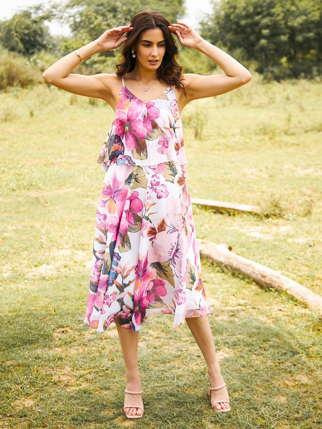 

MABISH by Sonal Jain Floral Print Georgette A-Line Midi Dress, Off white