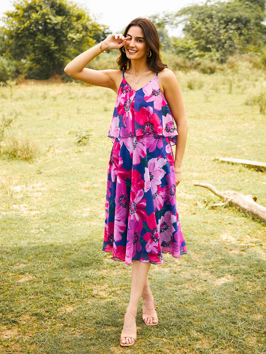 

MABISH by Sonal Jain Floral Printed Shoulder Straps Ruffles Georgette A-Line Midi Dress, Pink