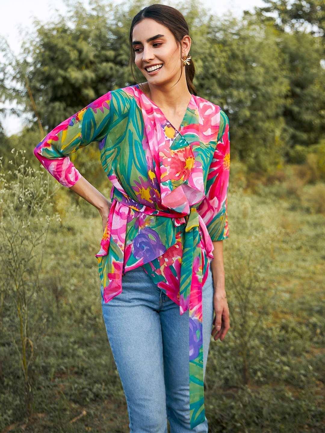 

MABISH by Sonal Jain Floral Print Georgette Asymmetric Hem Top, Green