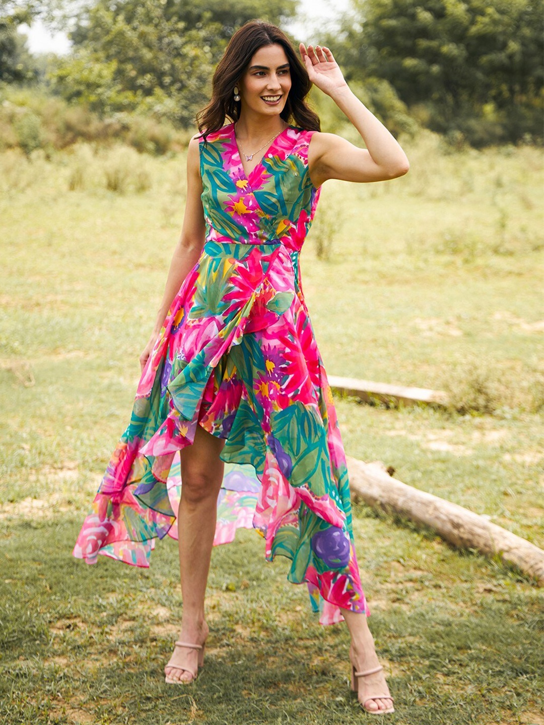

MABISH by Sonal Jain Floral Printed Ruffles Georgette Midi Dress, Green