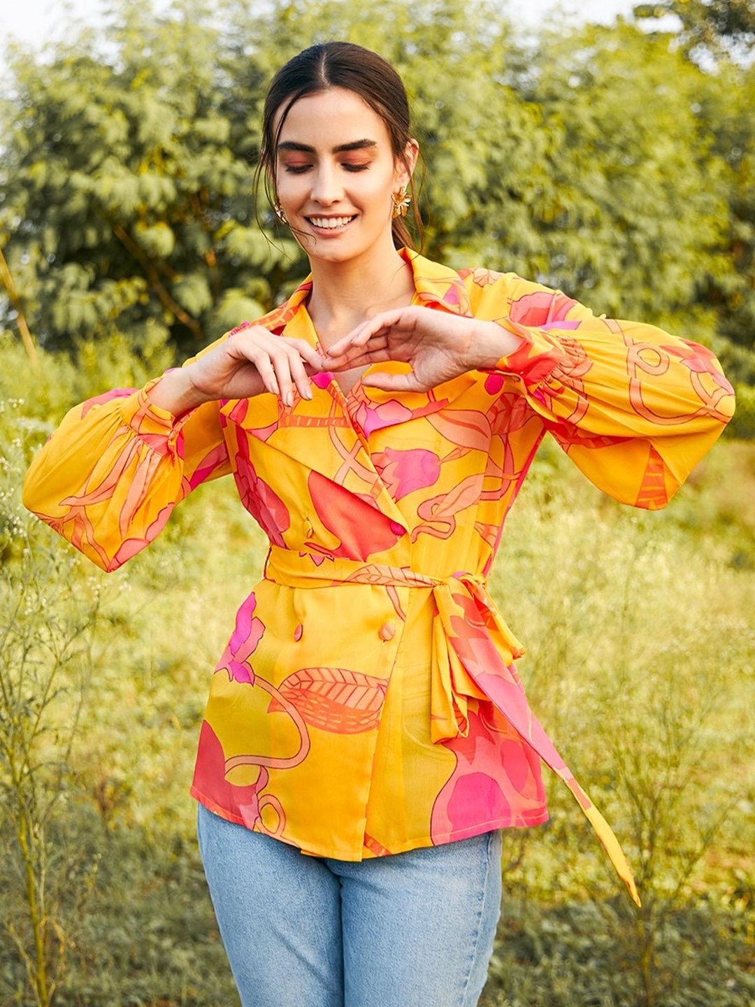 

MABISH by Sonal Jain Floral Printed Georgette Double Breasted Sheer Top, Orange