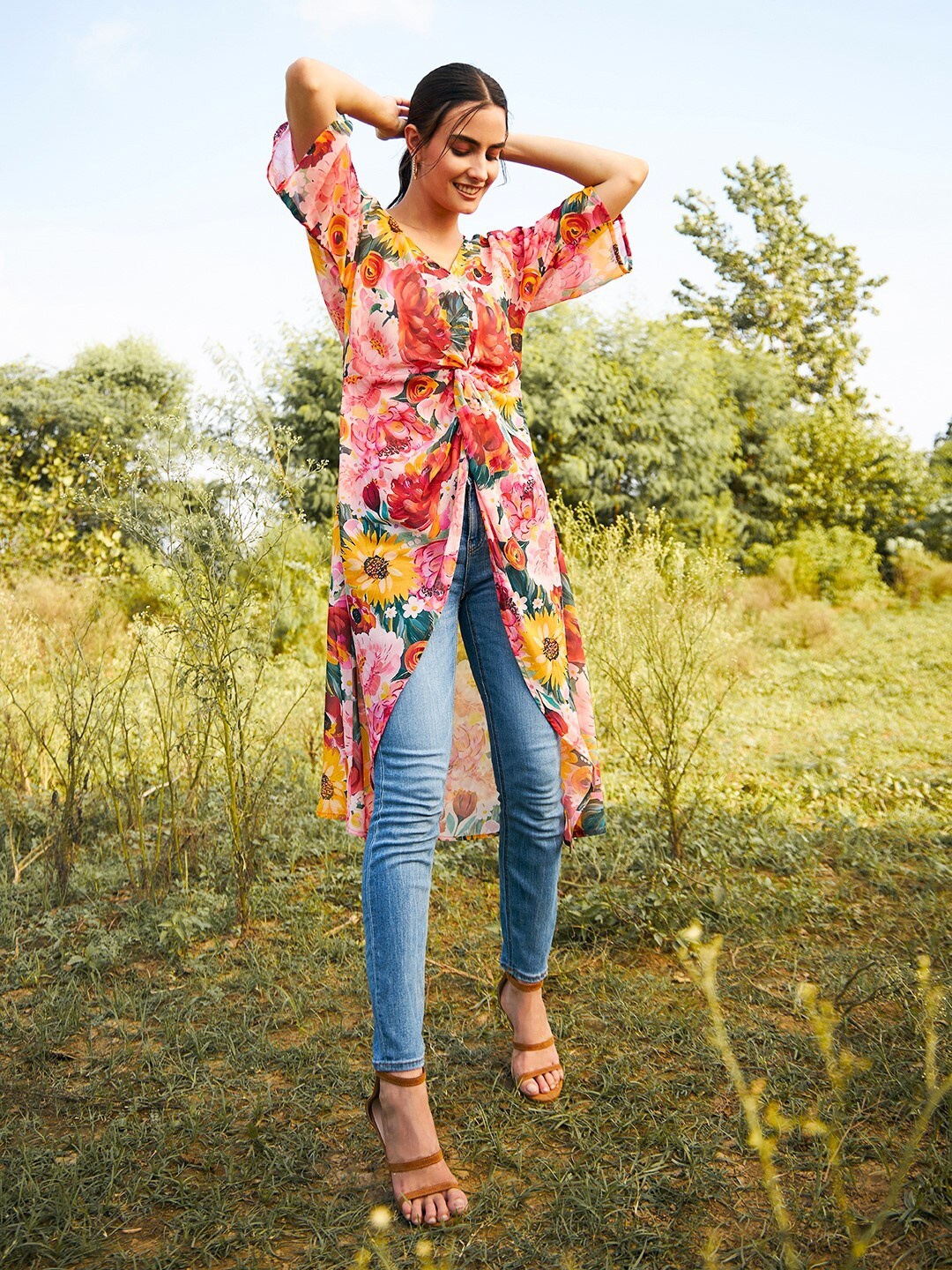 

MABISH by Sonal Jain Floral Printed Georgette Twisted Longline Top, Pink