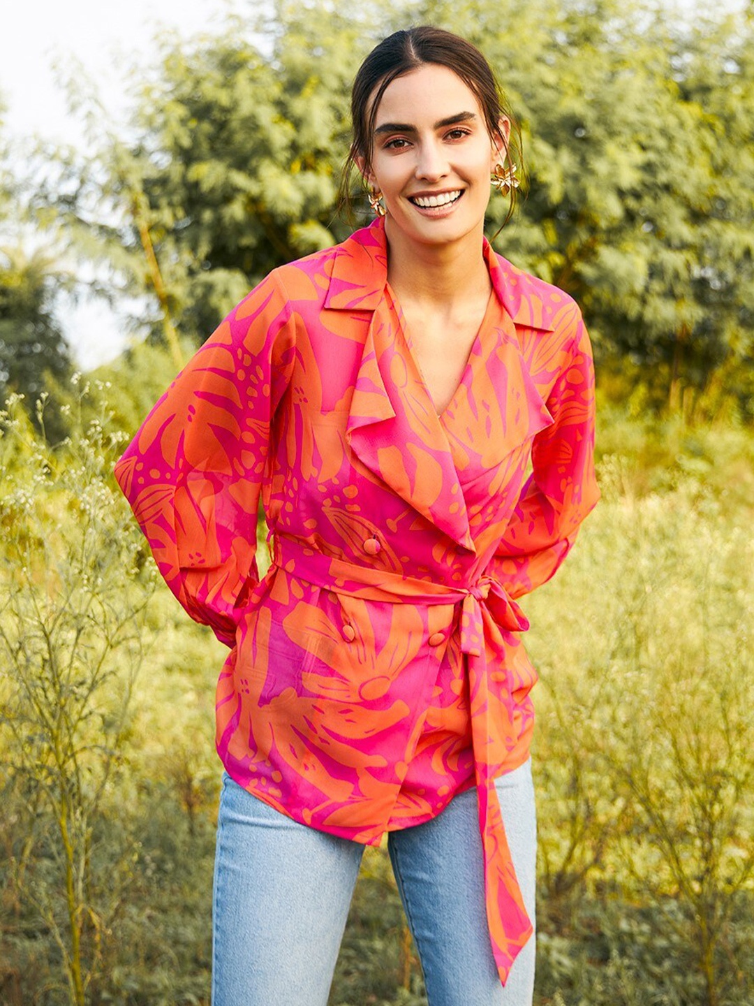 

MABISH by Sonal Jain Floral Print Georgette Double Breasted Shirt Style Top, Pink